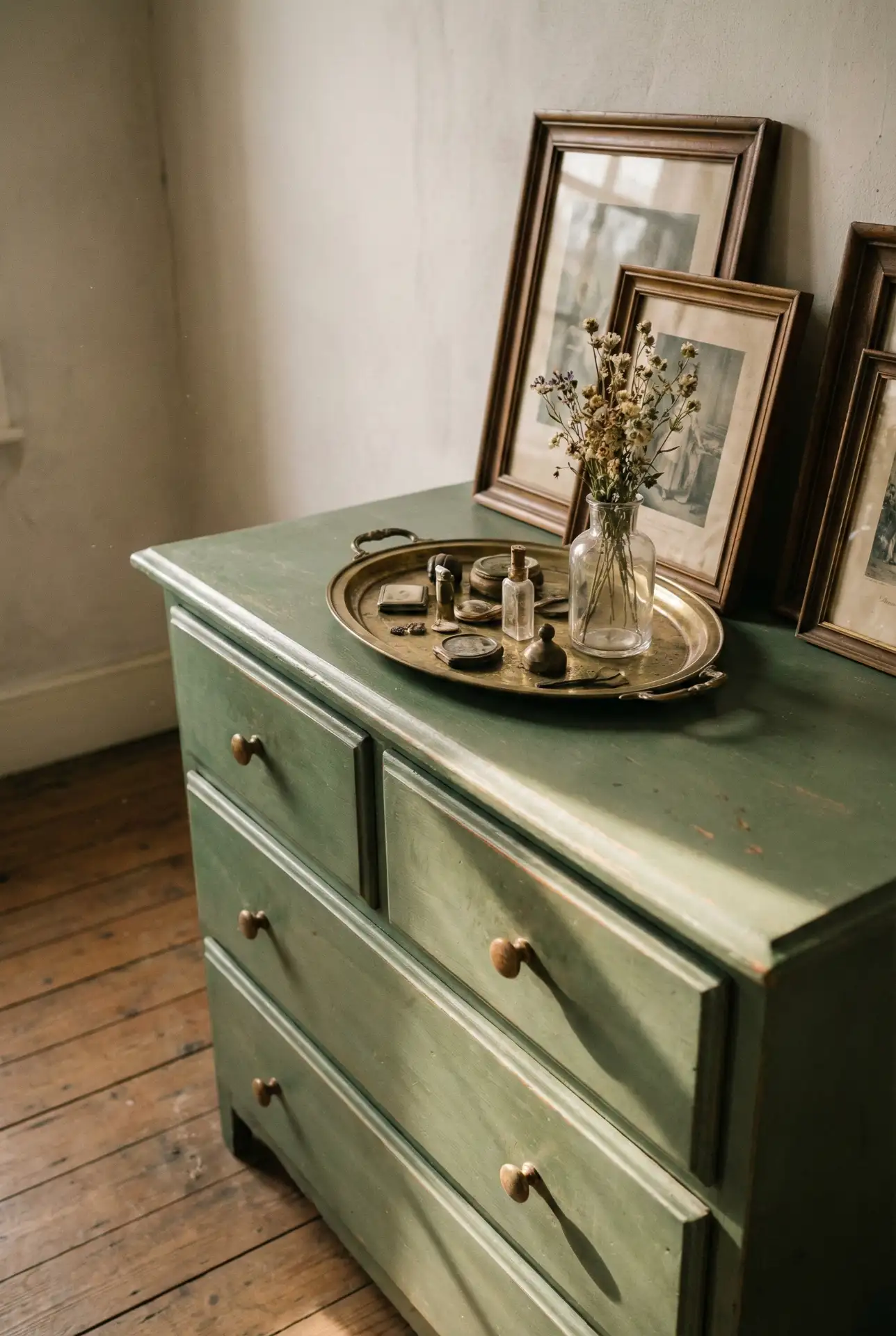 Green Painted Dresser With Eclectic Frames 1