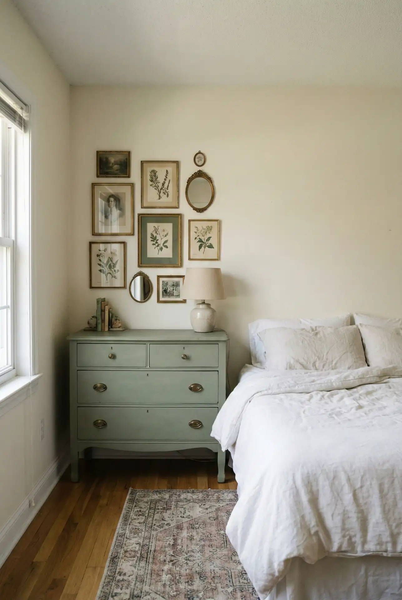 Green Painted Dresser With Eclectic Frames 2