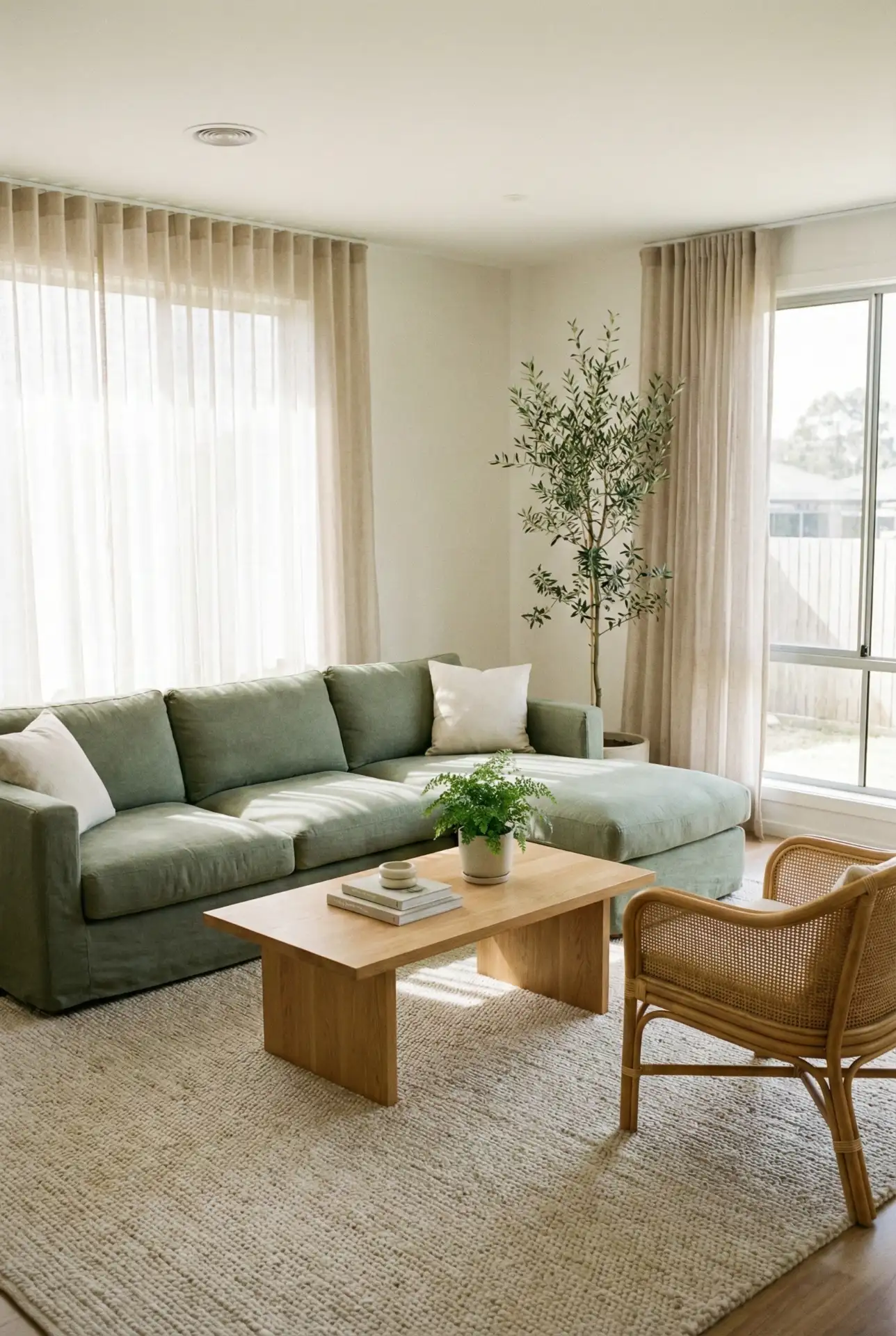 Green Sectional With Soft Beige And Natural Materials 2