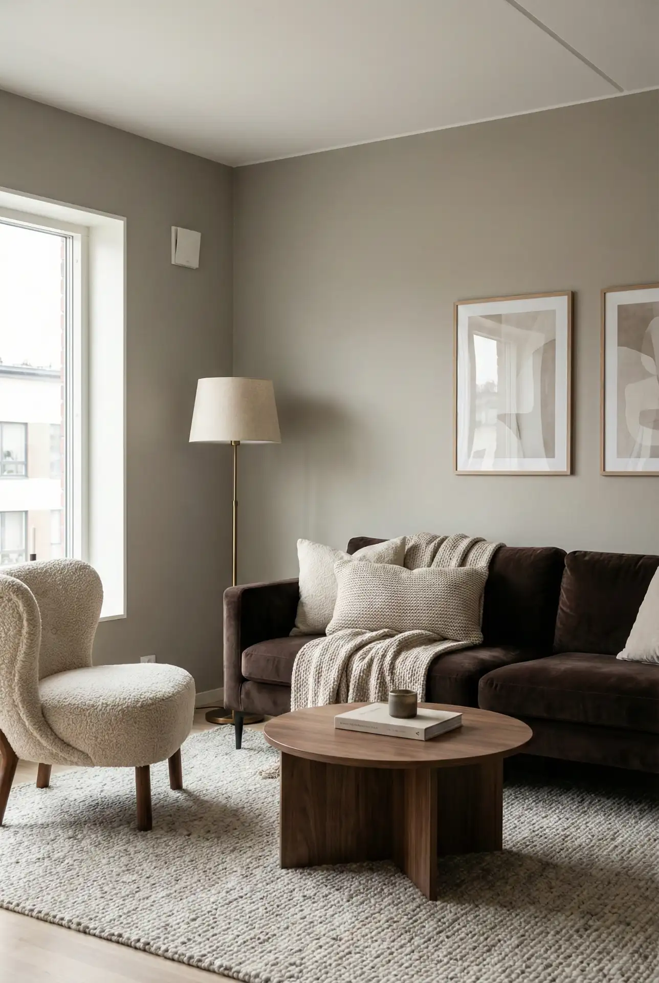 Greige Walls With A Chocolate Brown Couch 1