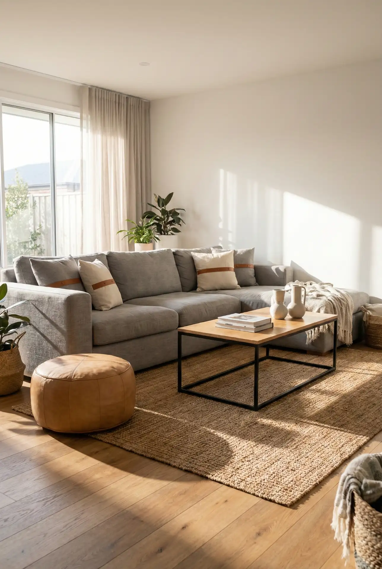 Grey Sectional With Leather Details And Mixed Materials 1