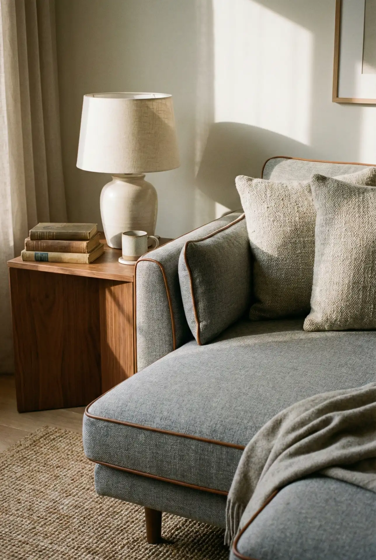Grey Sectional With Leather Details And Mixed Materials 2