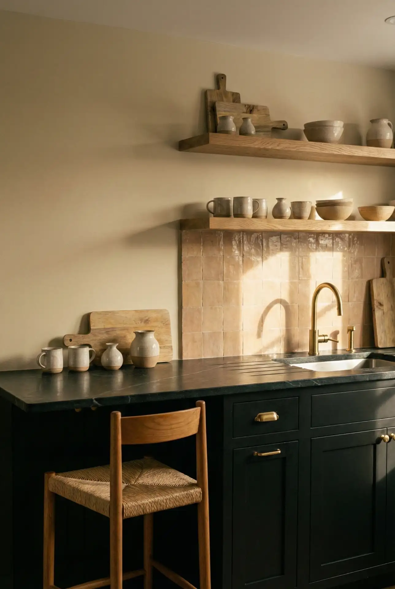 High-Contrast Black Counter Top With Soft Neutral Walls 2