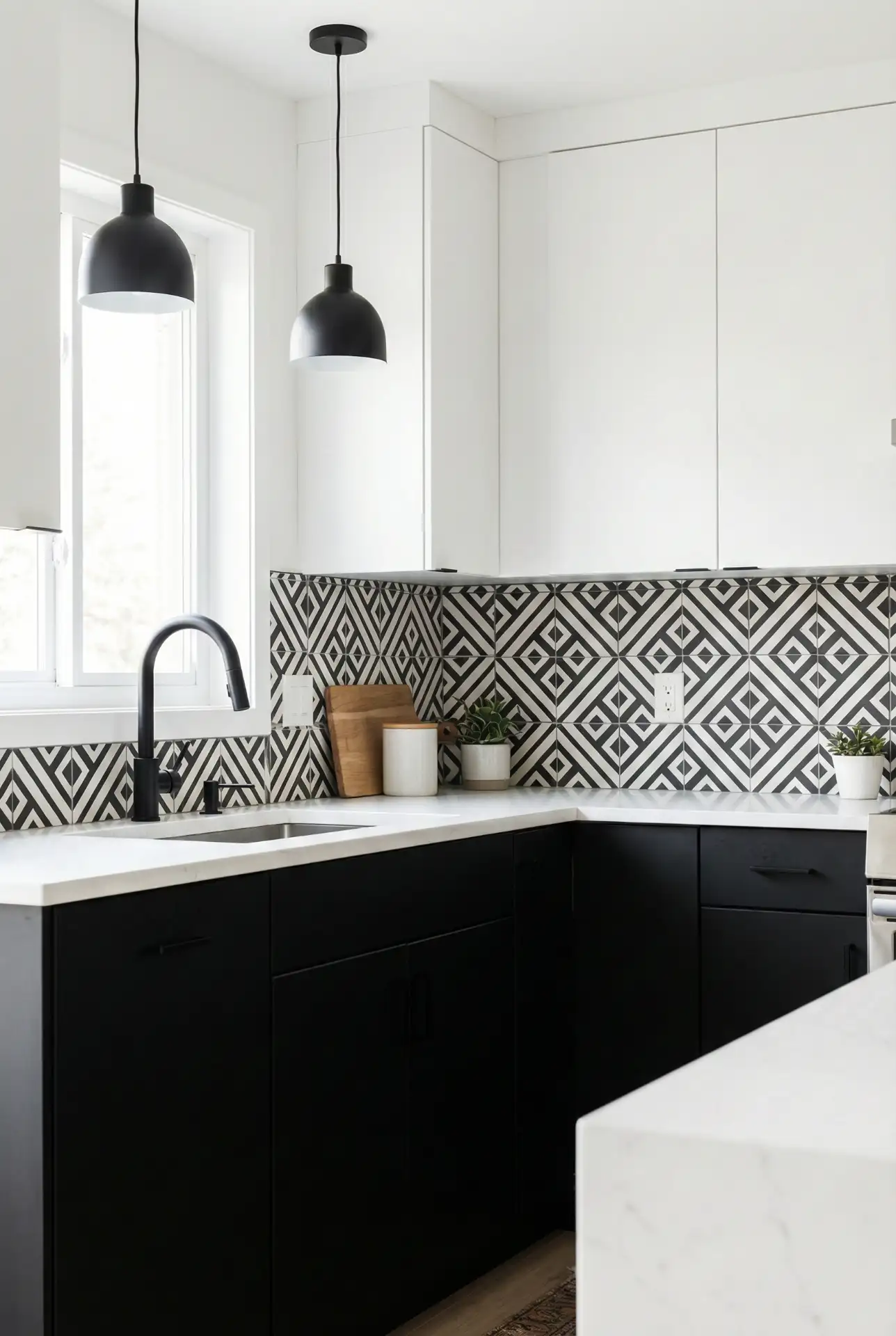 High-Contrast Cabinets With Patterned Backsplash Ideas 2