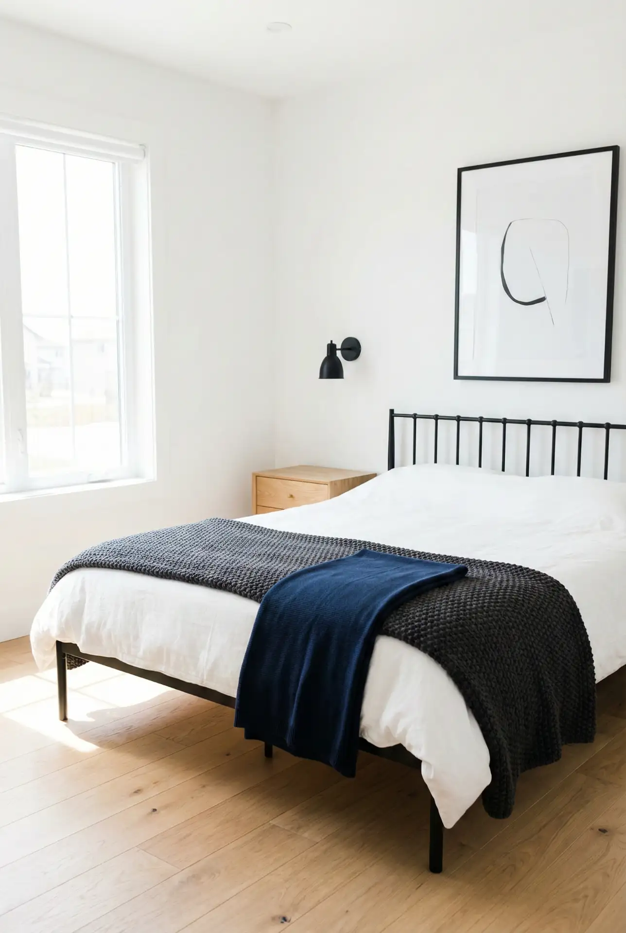 High-Contrast White Bedroom With Tailored Dark Accents 1