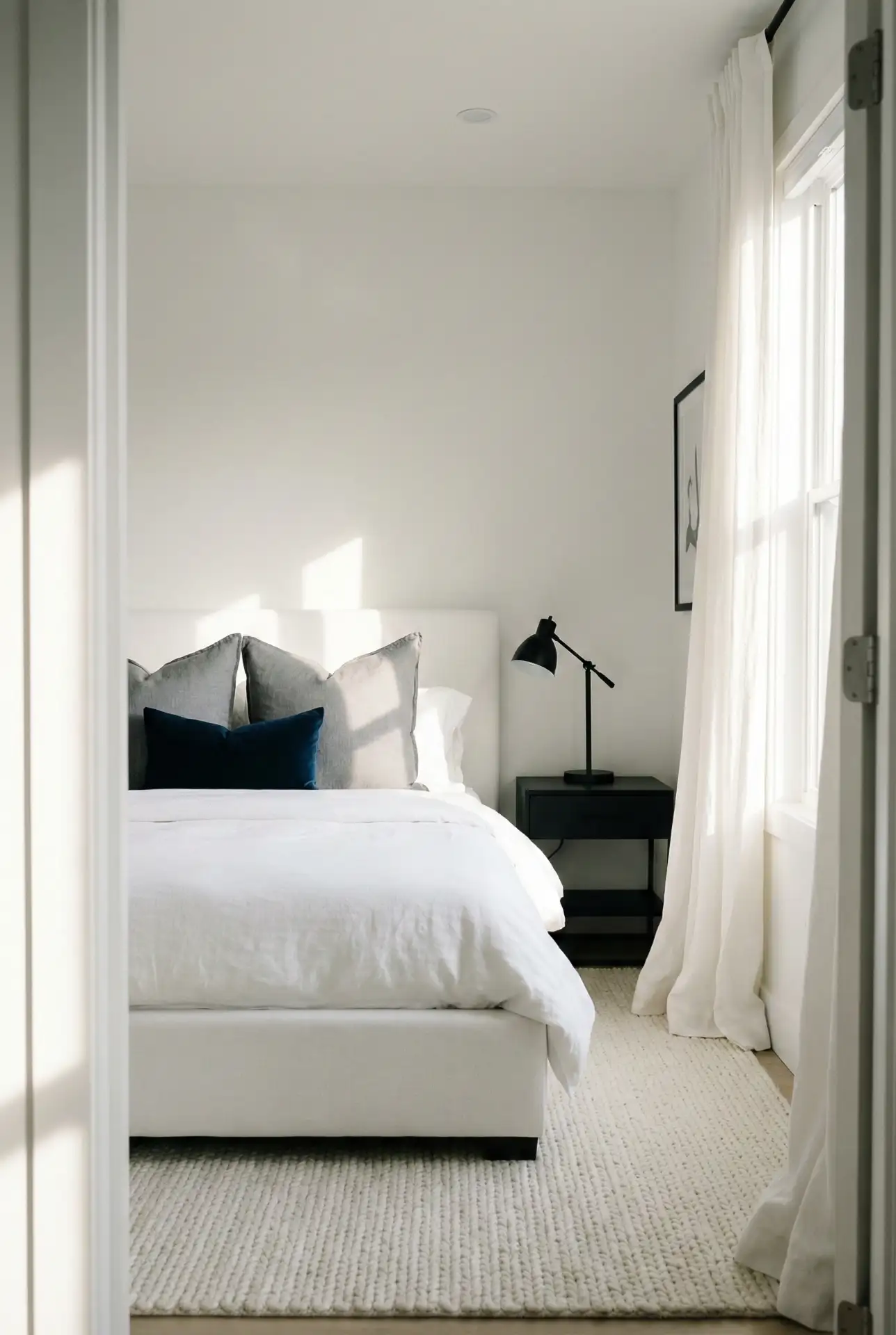 High-Contrast White Bedroom With Tailored Dark Accents 2