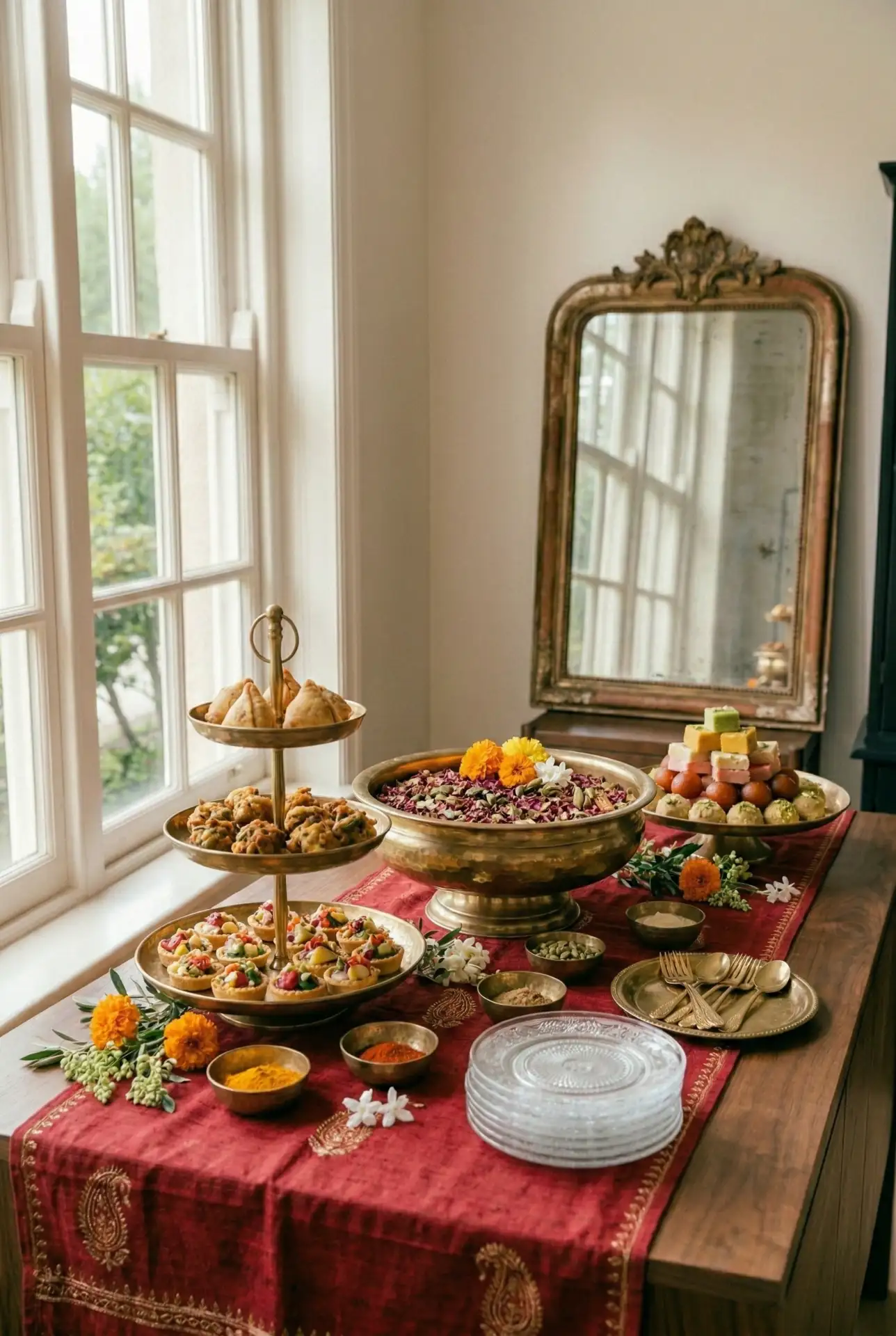 Indian Party Planning Buffet With Brass And Red Accents 2