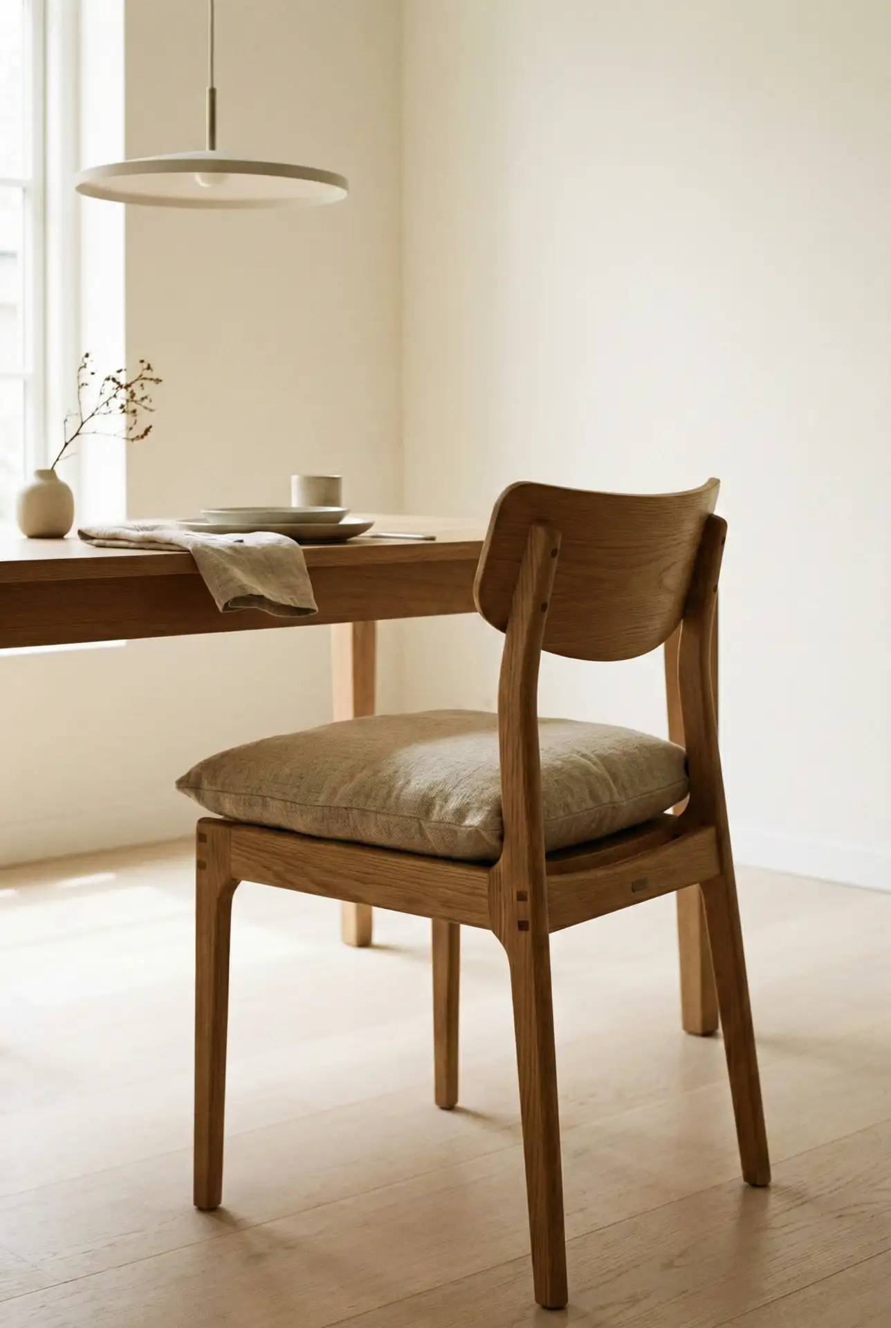 Japandi Light Wood Chairs With Soft Fabric Seats 2