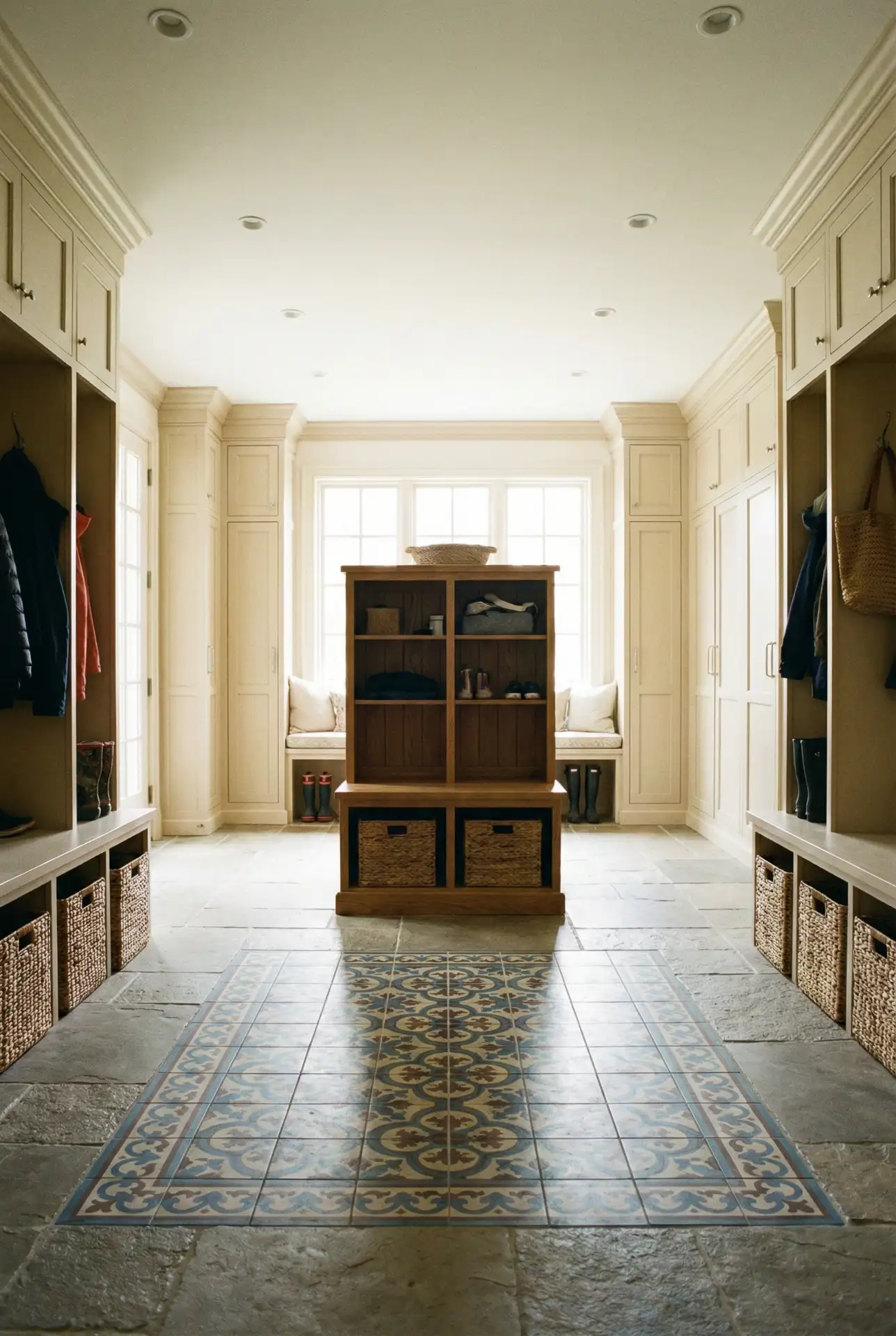 Large Shaped Island Mudroom With Central Storage 1