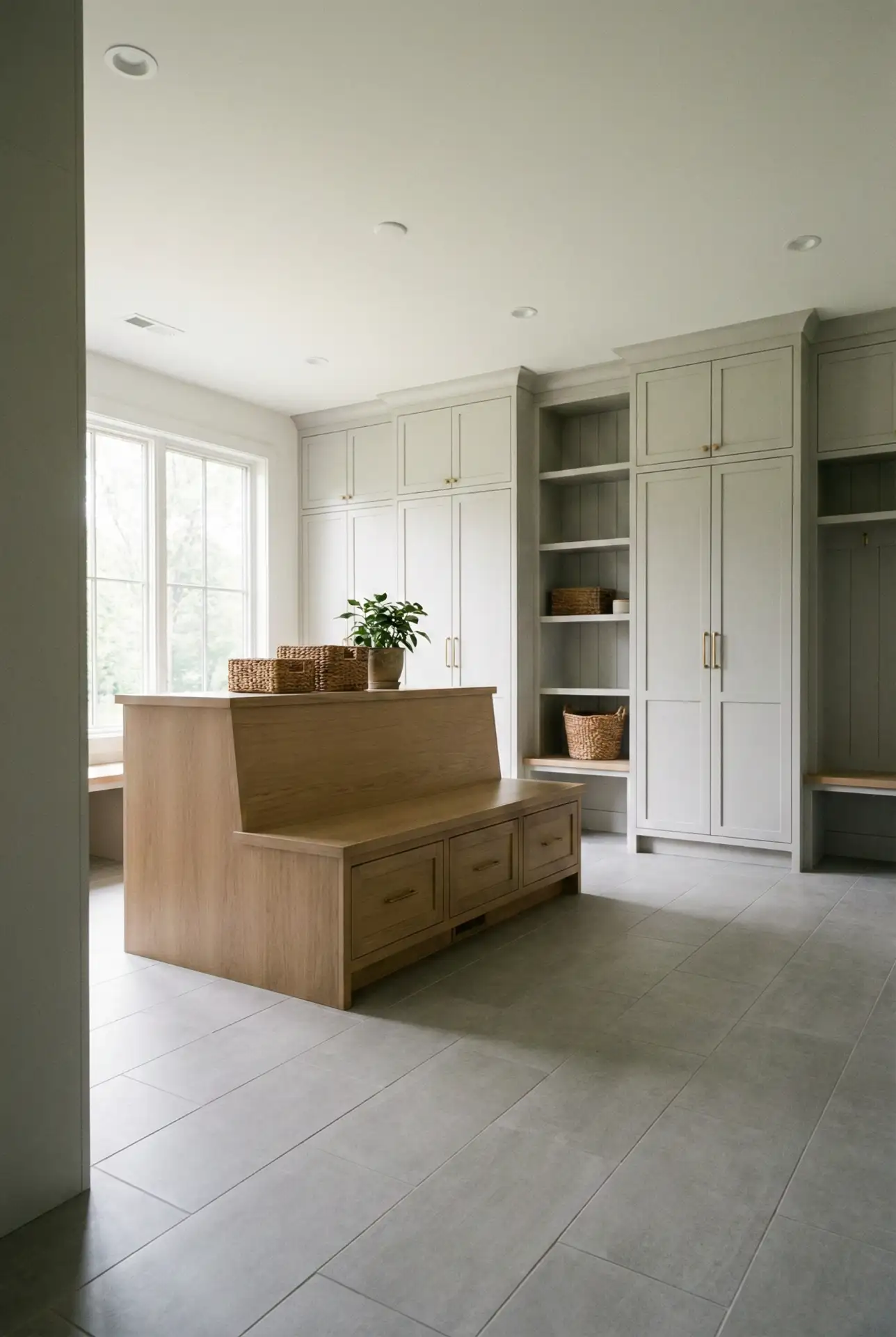 Large Shaped Island Mudroom With Central Storage 2