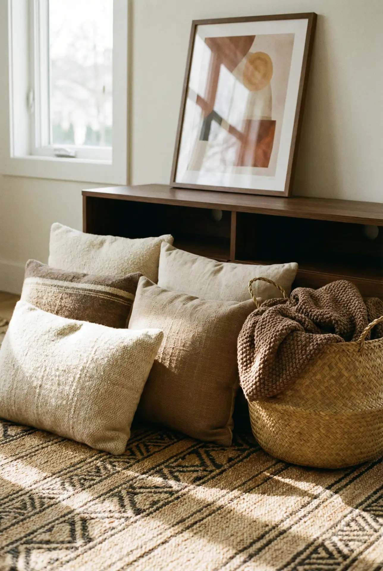 Light Neutral Walls With A Brown Couch And Layered Patterns 2