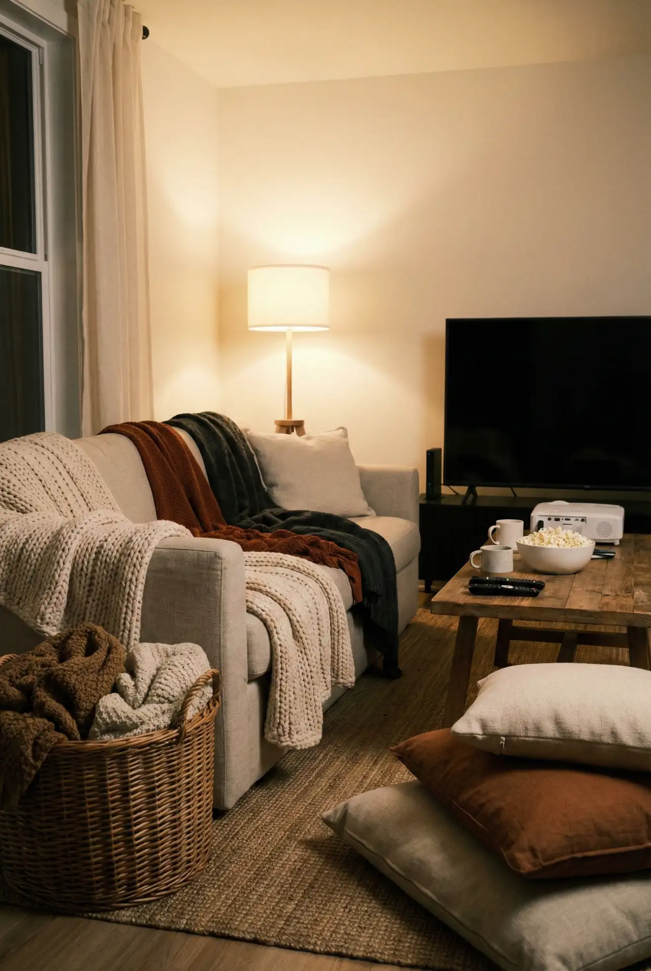 Living Room Movie Night Setup With Cozy Layers 2