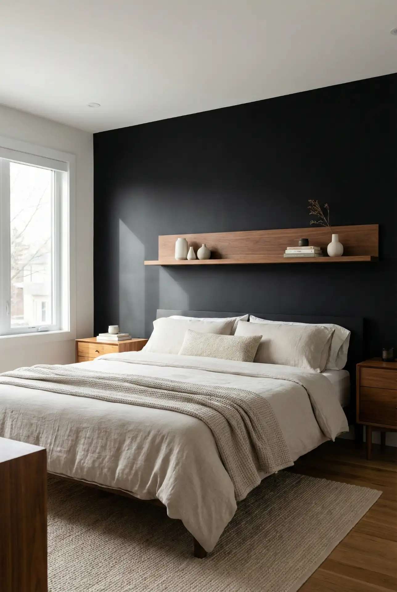 Matte Black Accent Wall With Built-In Shelf Styling 1