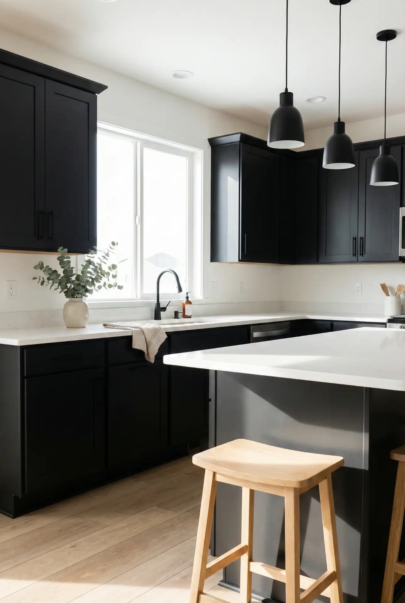 Matte Black Shaker Cabinets With Bright White Surfaces 1