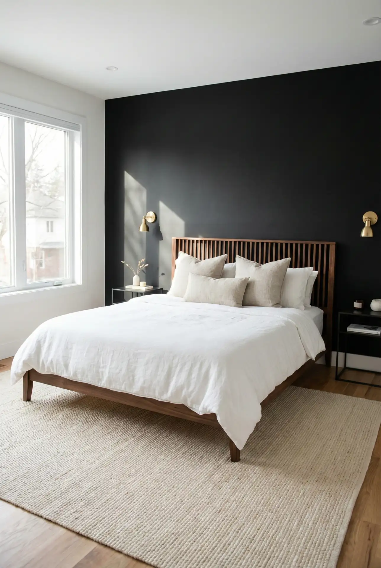 Matte Black Wall With A Warm Wood Headboard 1