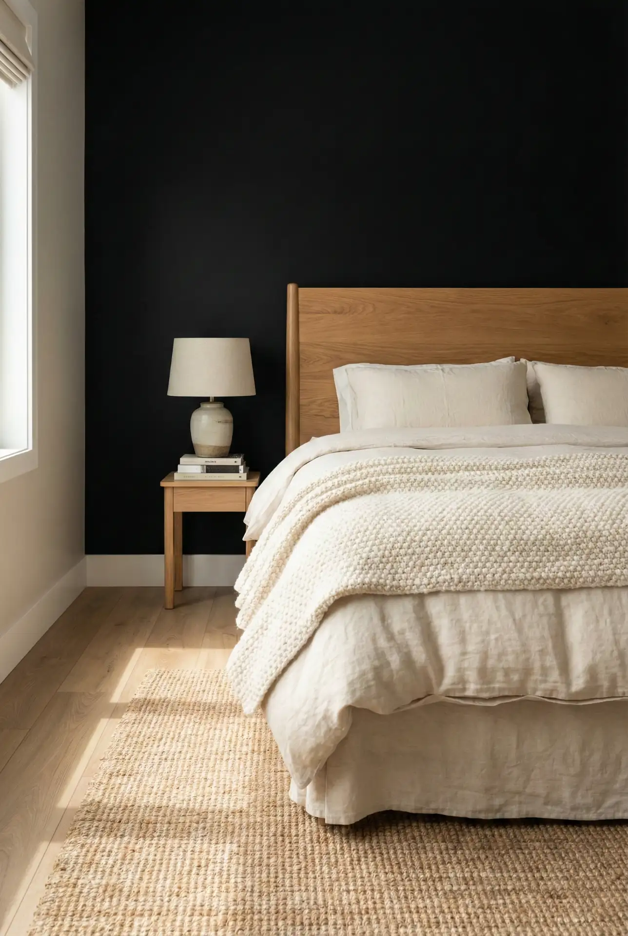 Matte Black Wall With A Warm Wood Headboard 2