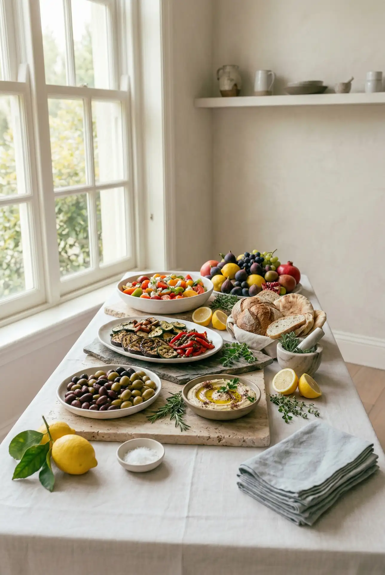 Mediterranean Dinner Buffet With Stone And White Layers 1