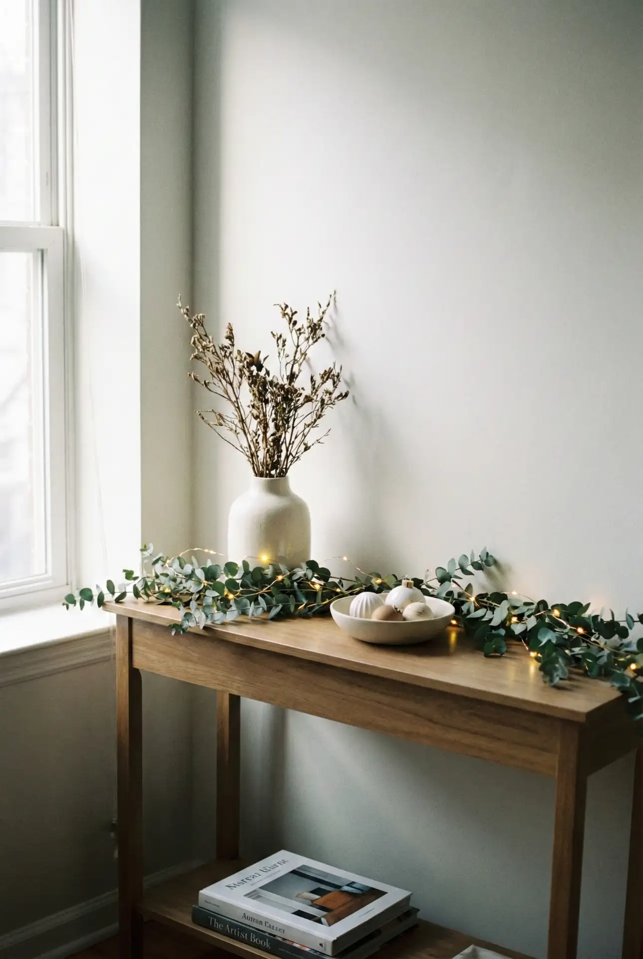 Minimal Christmas Mantel Alternative For No Fireplace Apartments 1