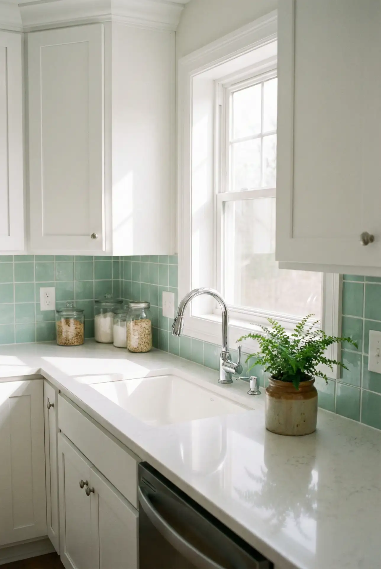 Mint Backsplash With Bright White Cabinets 2