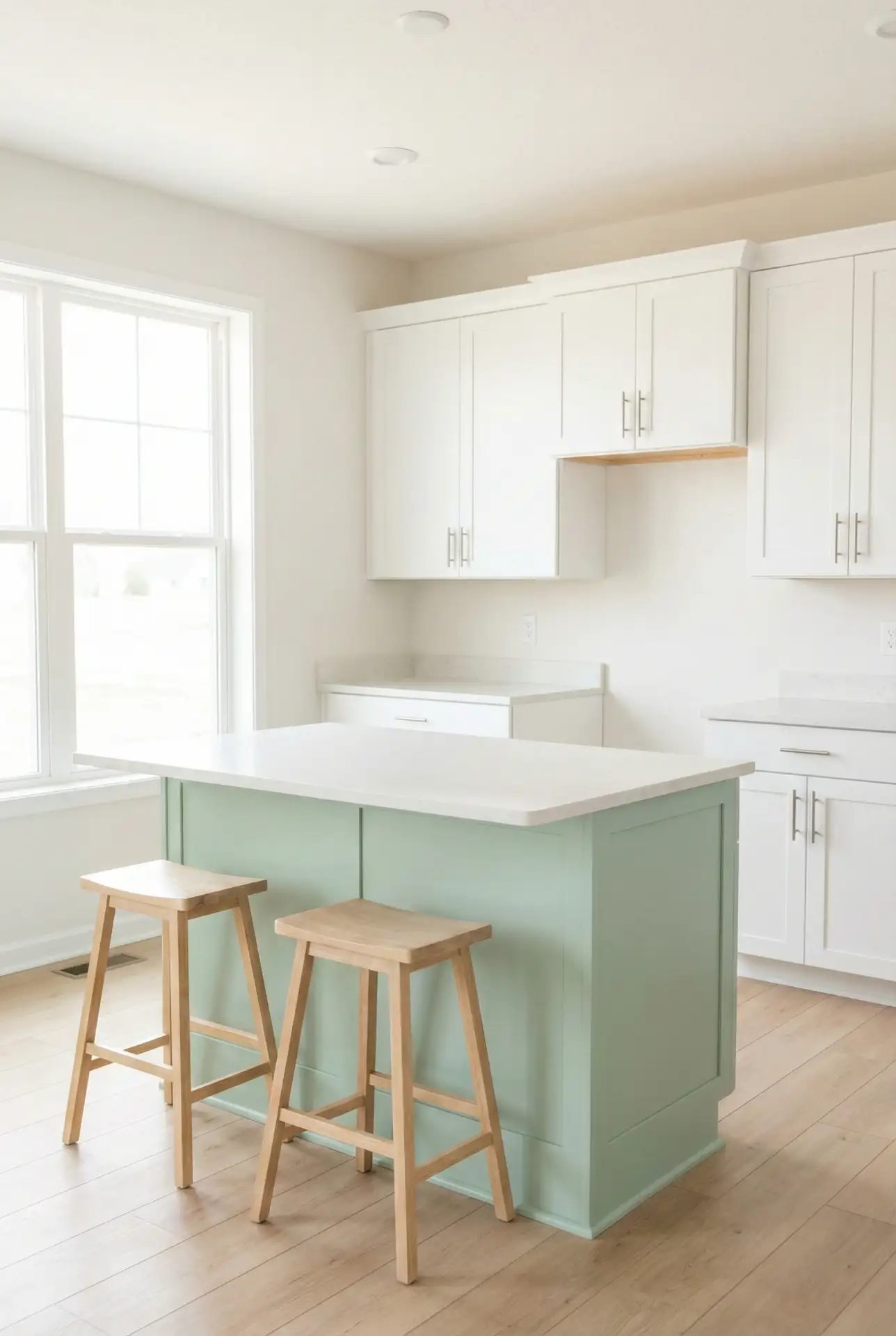 Mint Green Island in an All-White Kitchen 1