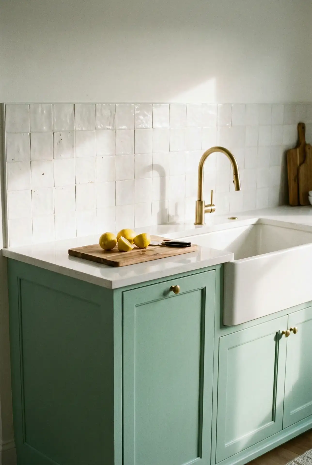 Mint Green Island in an All-White Kitchen 2