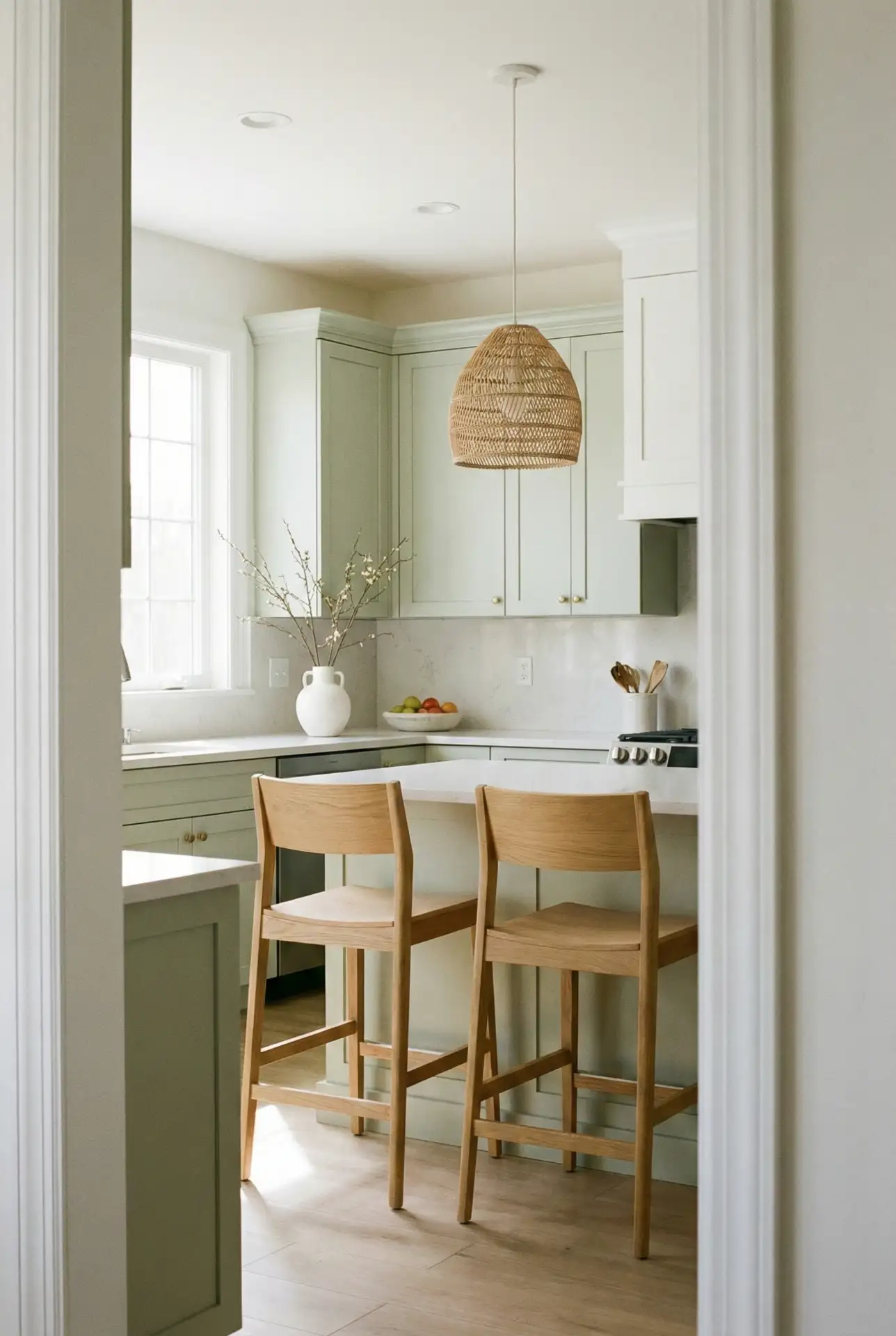 Modern Light Green Kitchen With Crisp White Trim 1