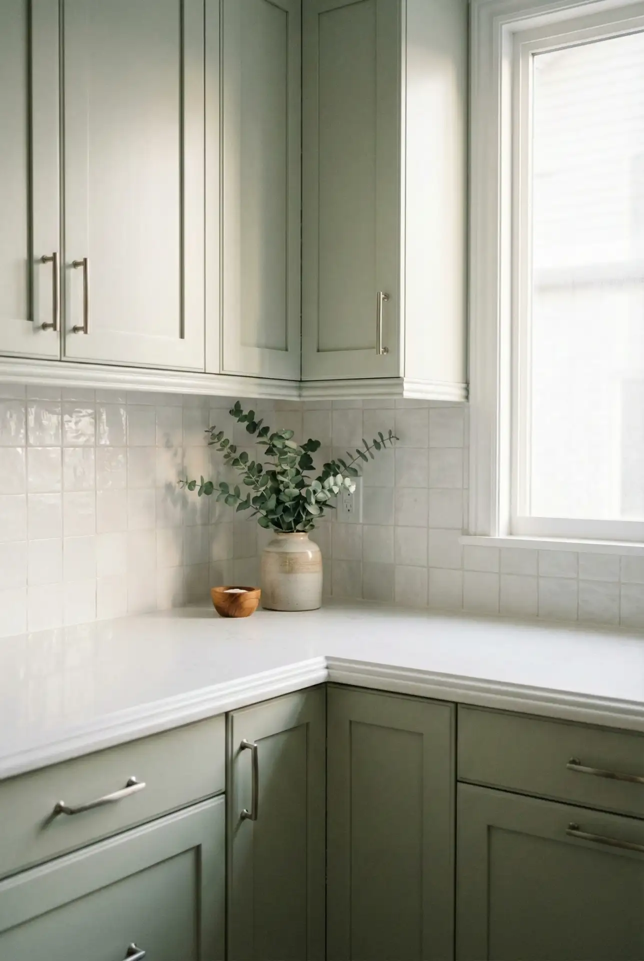 Modern Light Green Kitchen With Crisp White Trim 2