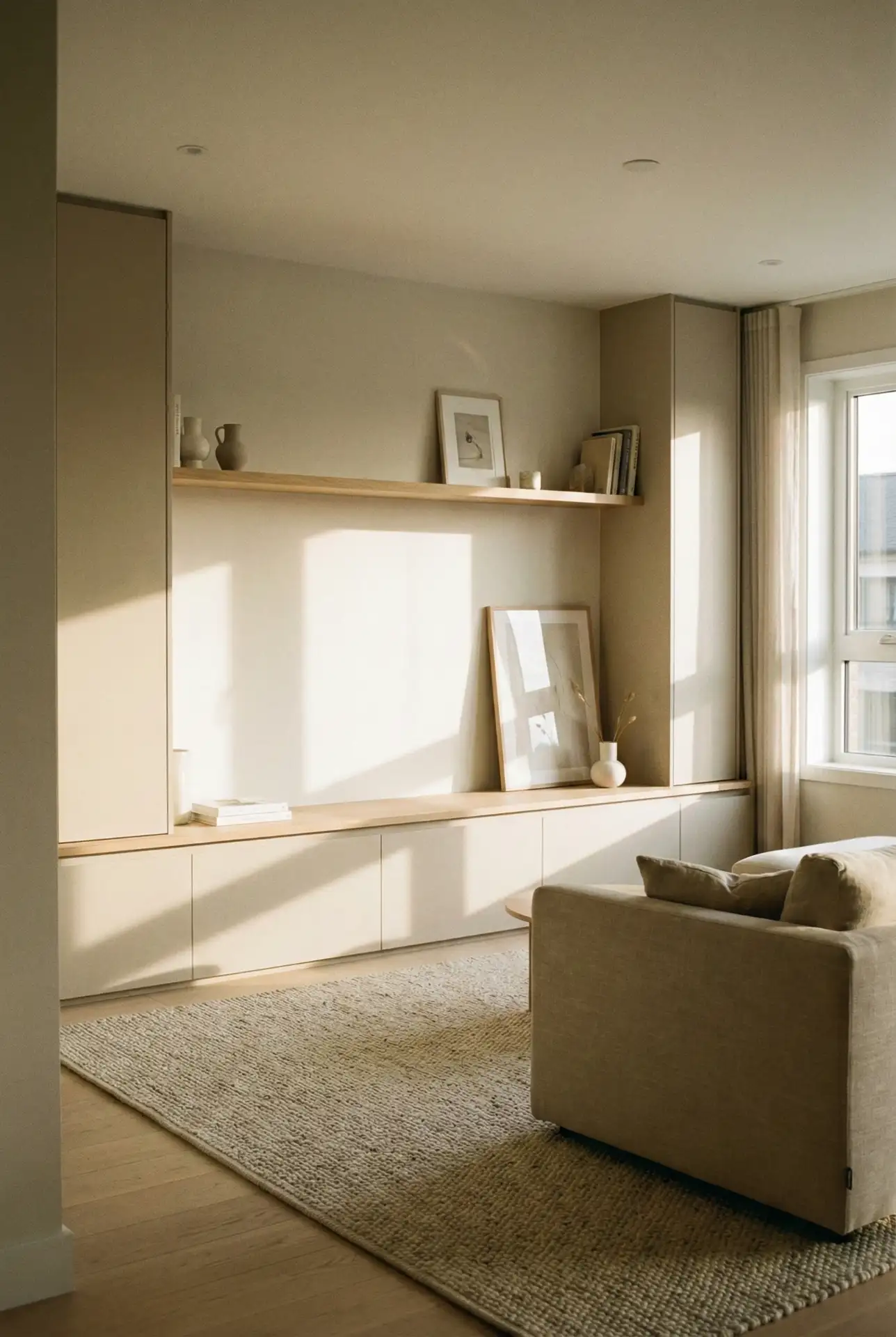 Modern Neutral TV Wall with Hidden Storage 1