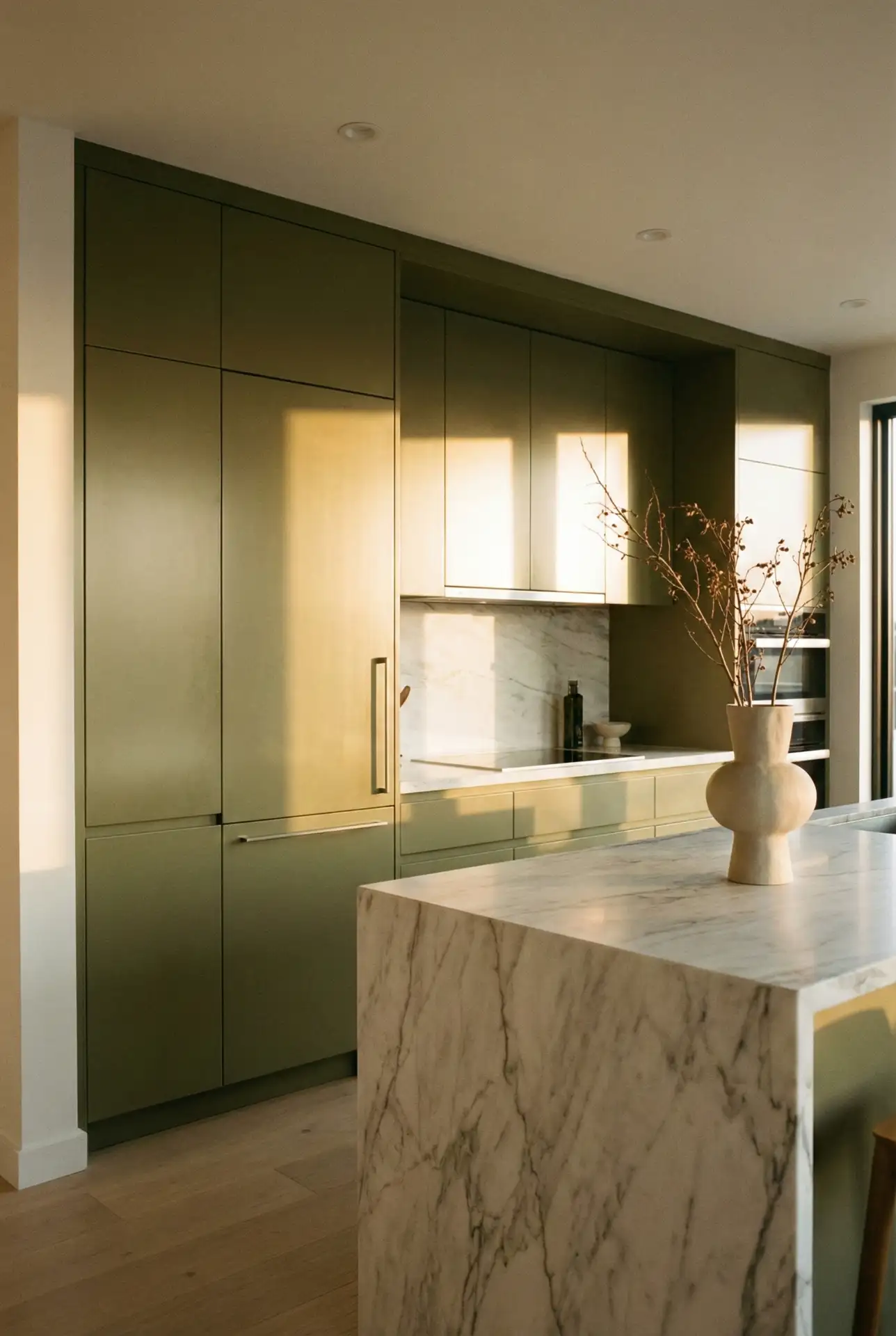 Modern Olive Cabinets With Integrated Appliances 1