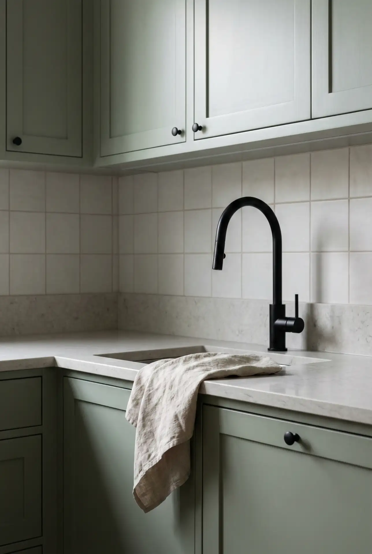 Modern Sage Cabinets With Minimalist White Backsplash 1