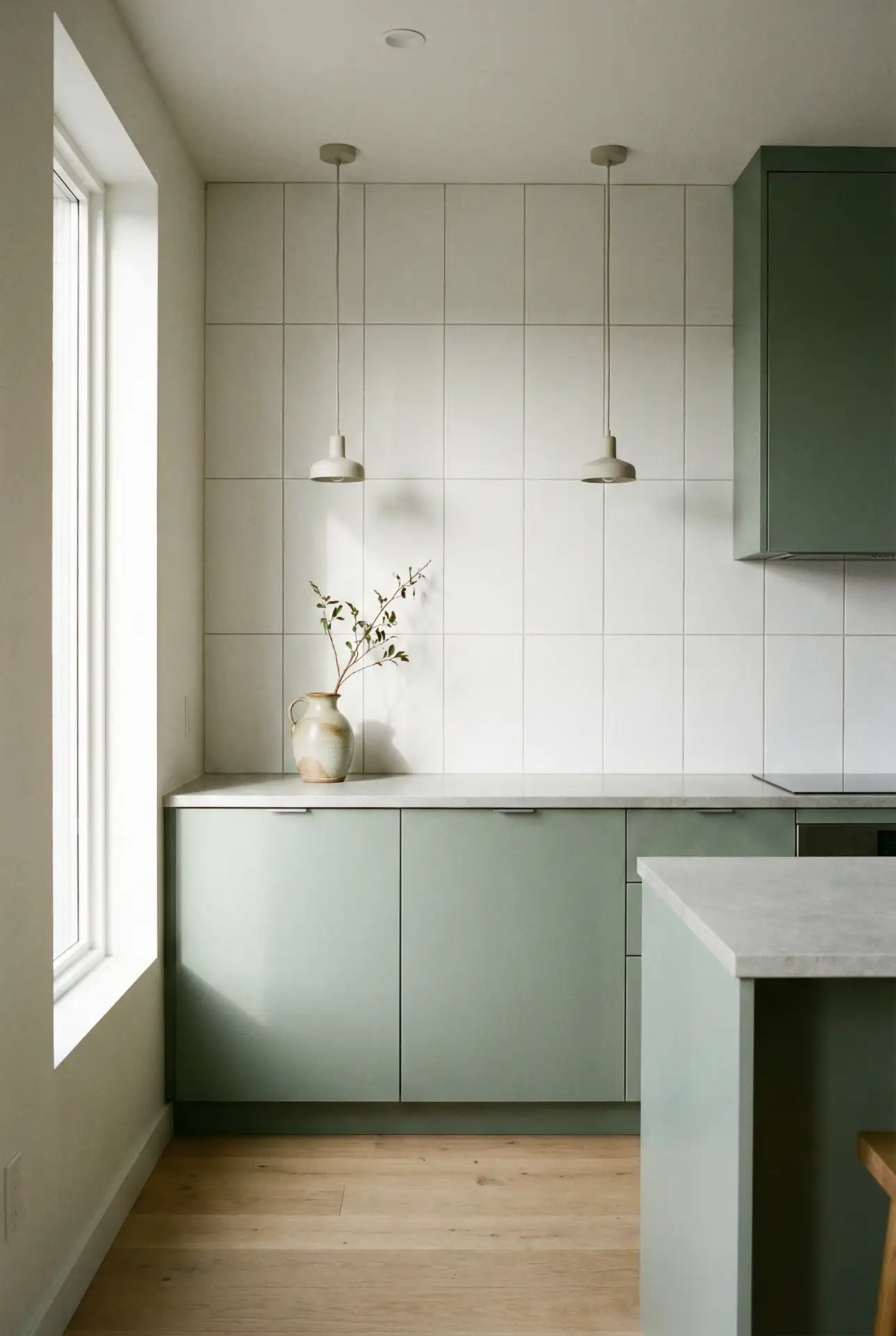 Modern Sage Cabinets With Minimalist White Backsplash 2
