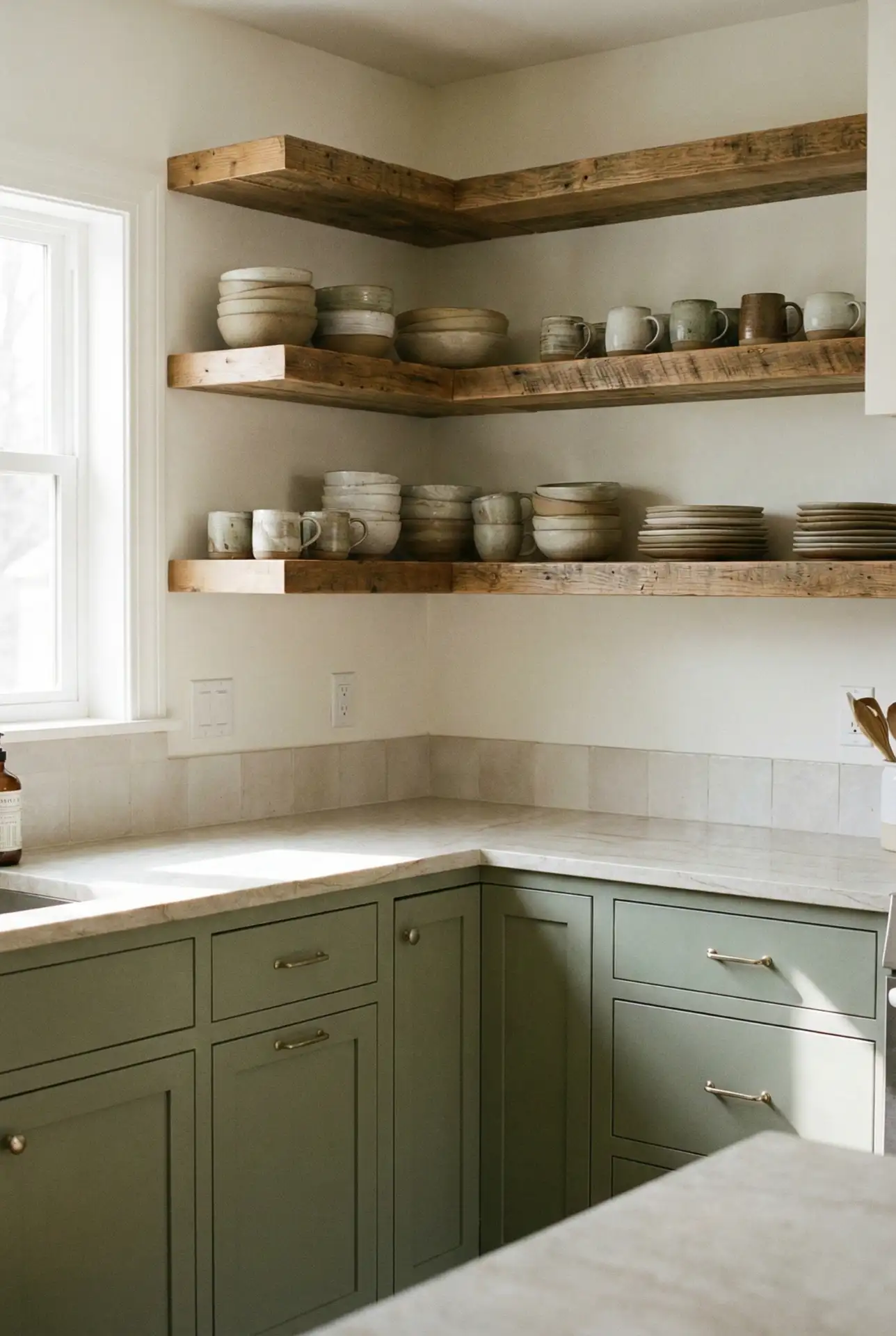 Modern Sage and Wood Mix With Open Shelving 1