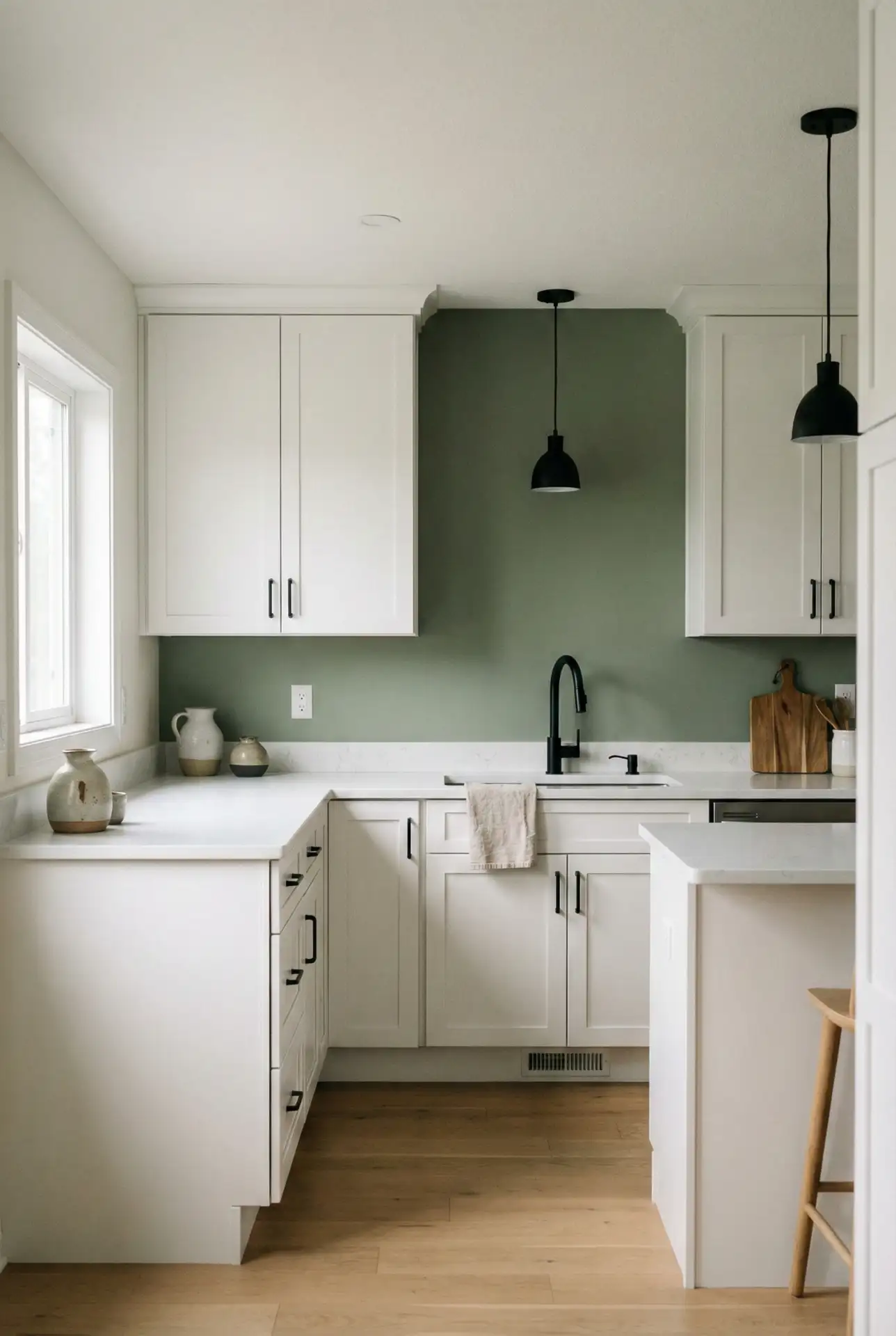 Monochrome Kitchen With Black Backsplash And Built In Storage Wall 1