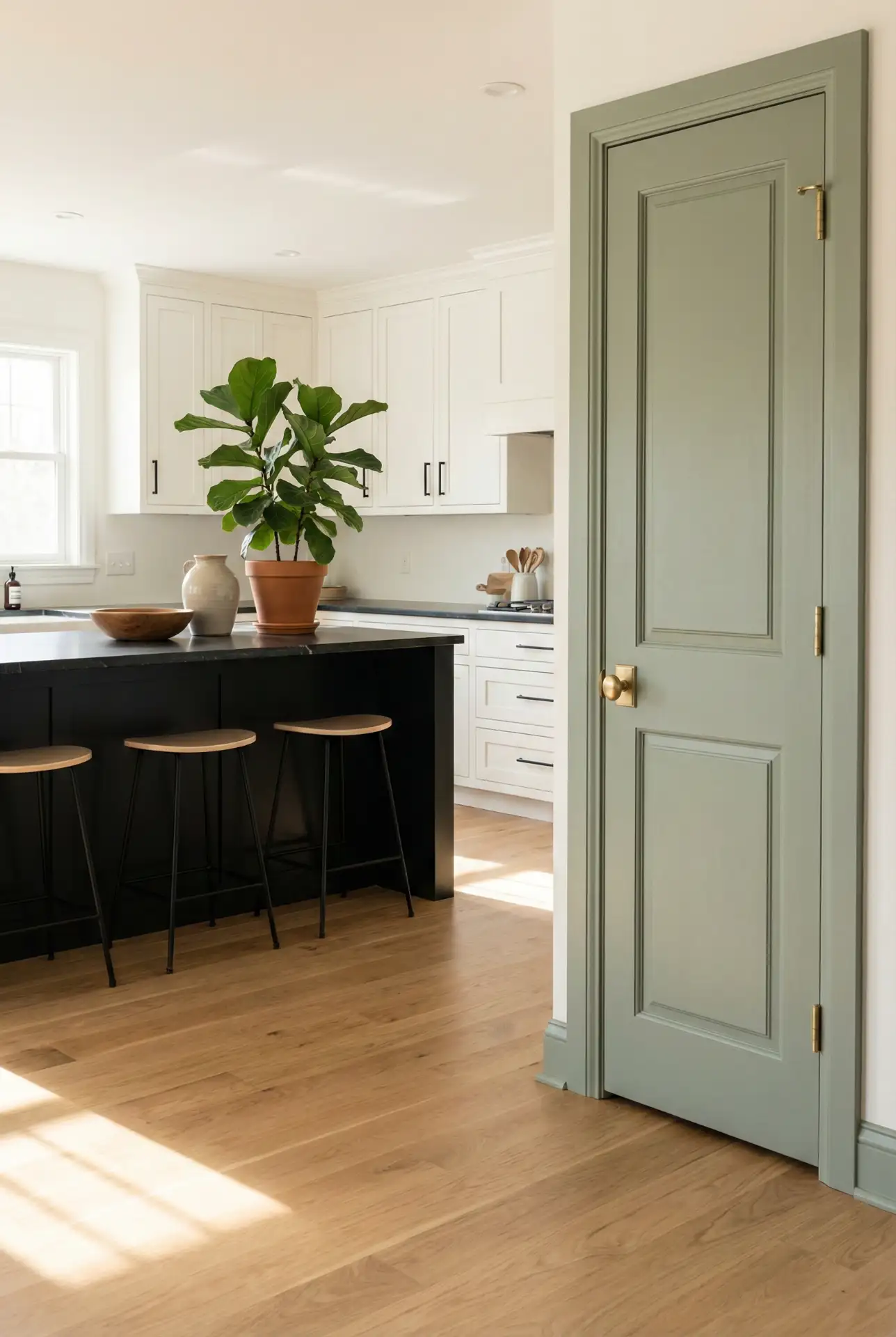 Monochrome Kitchen With Black Backsplash And Built In Storage Wall 2