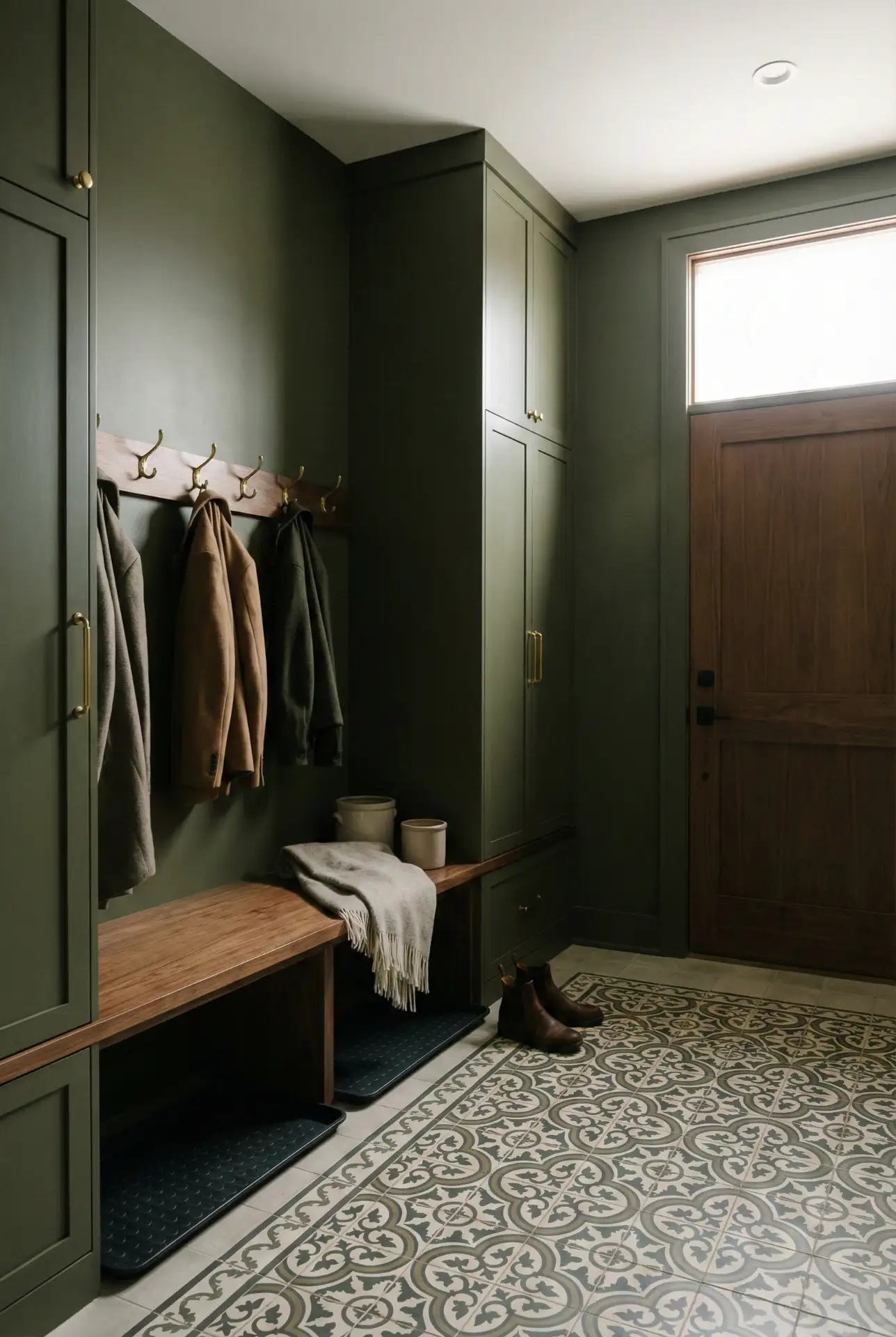 Moody Large Mudroom With Tile Rug And Closed Cabinets 2