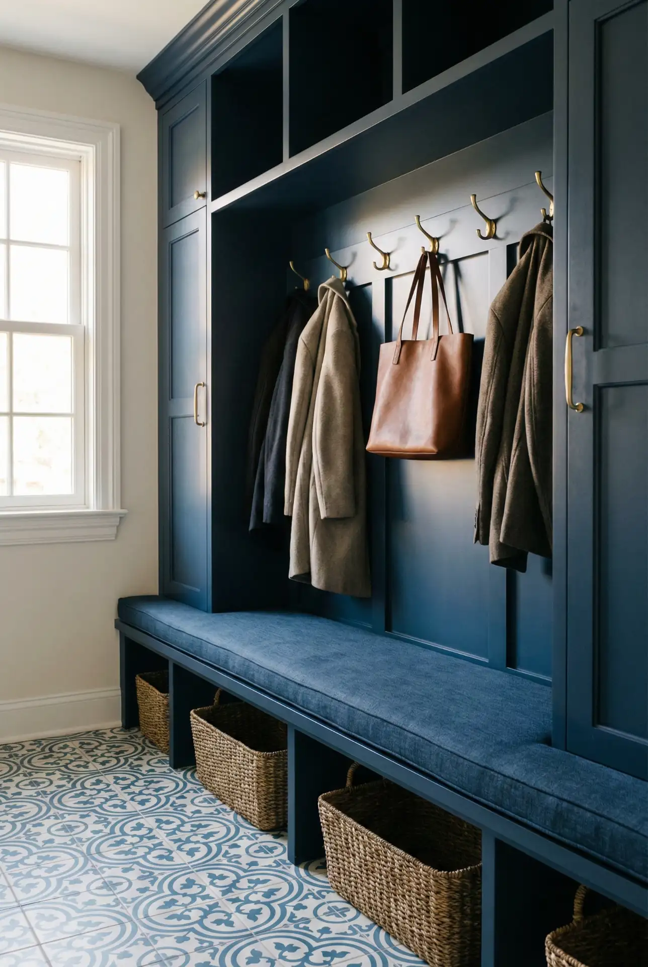 Moody Navy Locker Wall With Brass Hooks 1