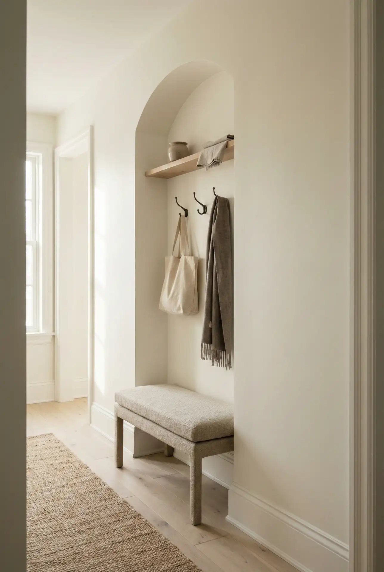 Narrow Hallway Mudroom With Built-In Arch 1