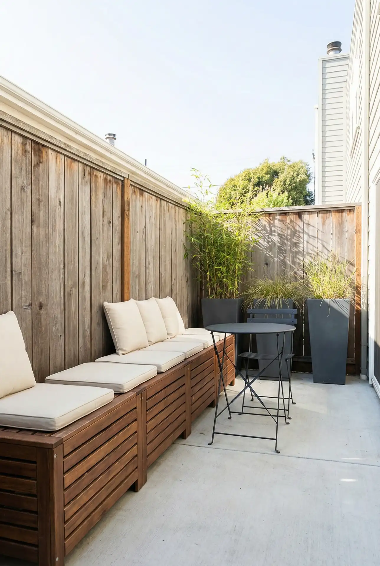 Narrow Patio With Built-In Bench Along The Fence 1