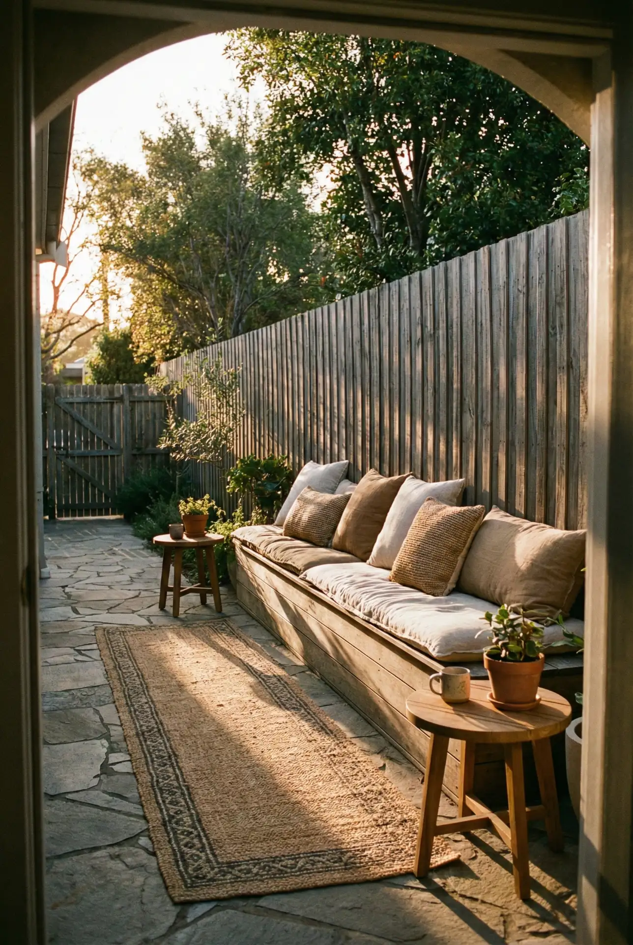 Narrow Patio With Built-In Bench Along The Fence 2
