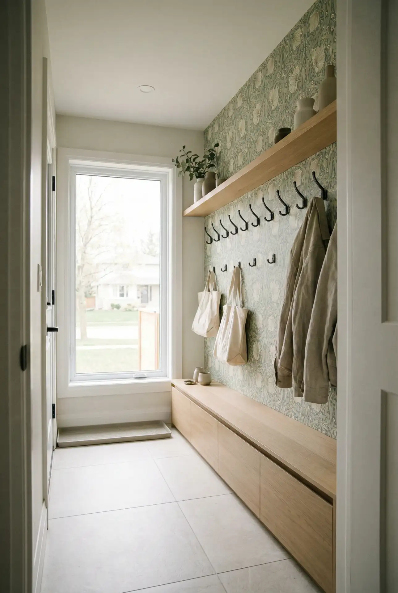 Narrow Wallpapered Entry With Slim Shoe Drawers 1