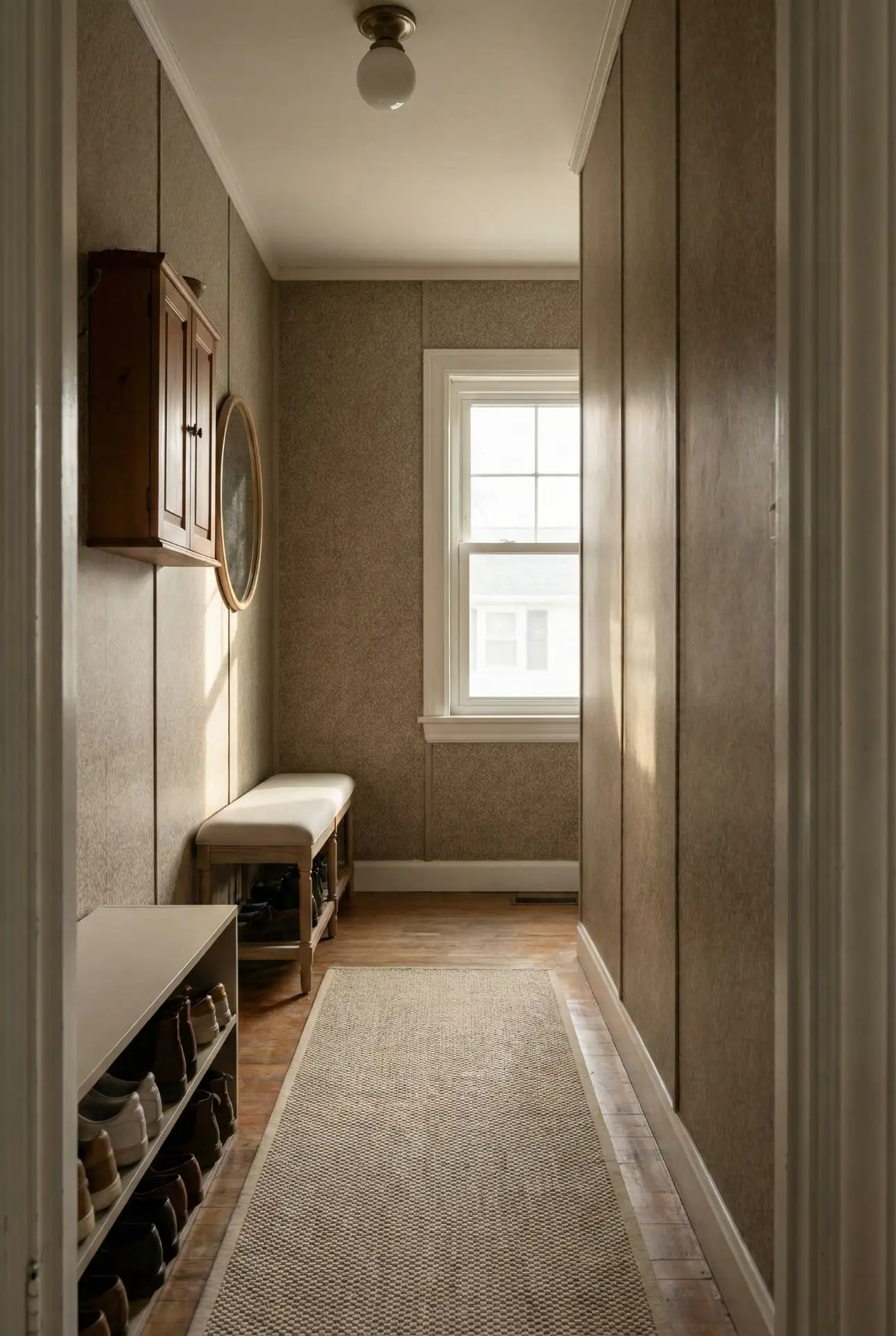 Narrow Wallpapered Entry With Slim Shoe Drawers 2
