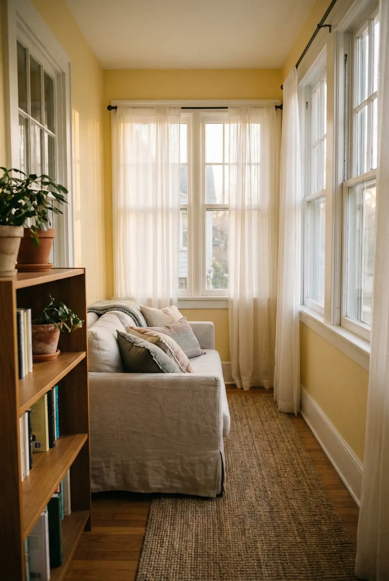 Narrow Yellow Sunroom With Built In Shelves 2