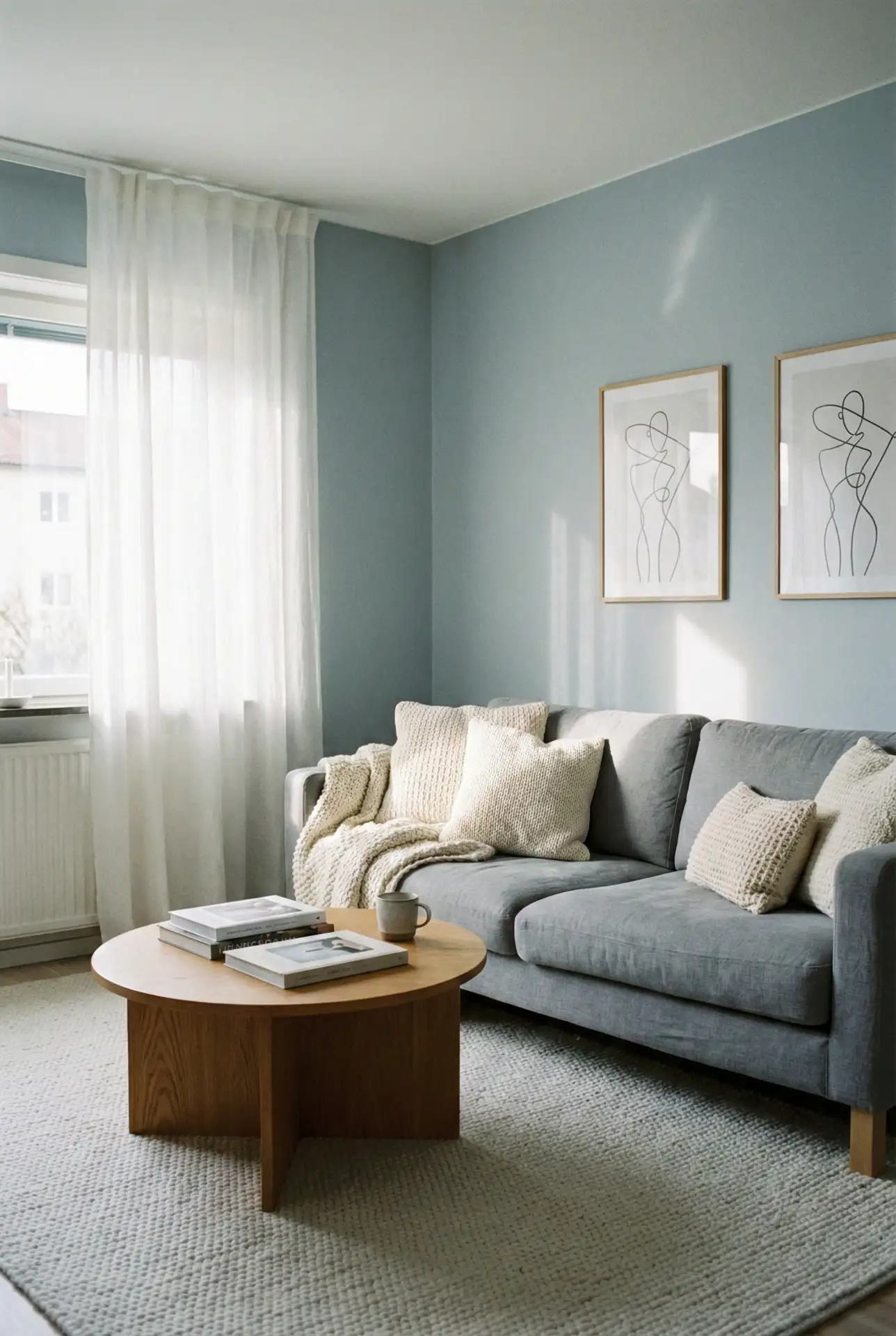 Neutral Palette With A Grey Couch And Soft Blue Undertones 1
