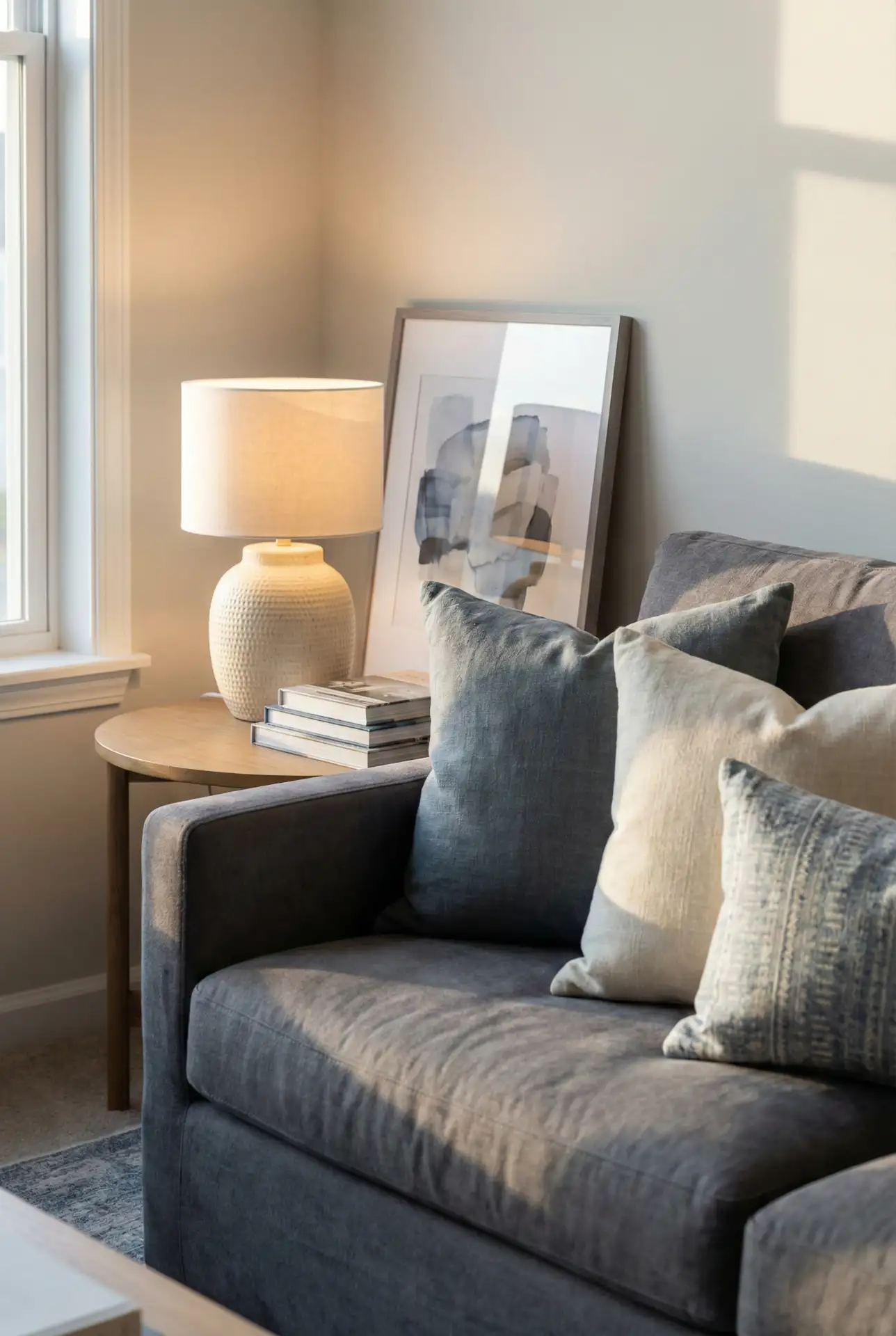 Neutral Palette With A Grey Couch And Soft Blue Undertones 2