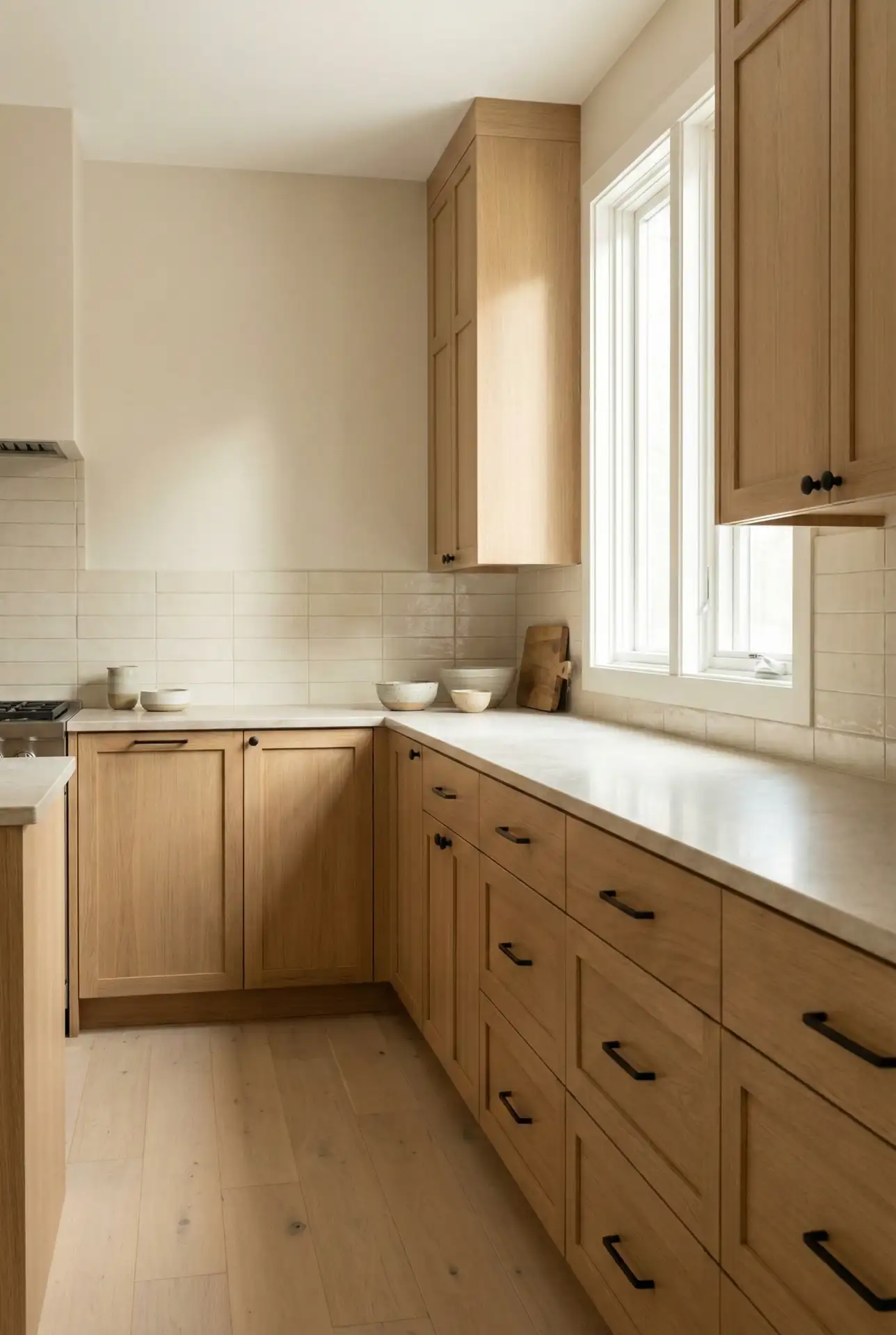 Oak Cabinets With Modern Neutral Walls And Light Stone 1