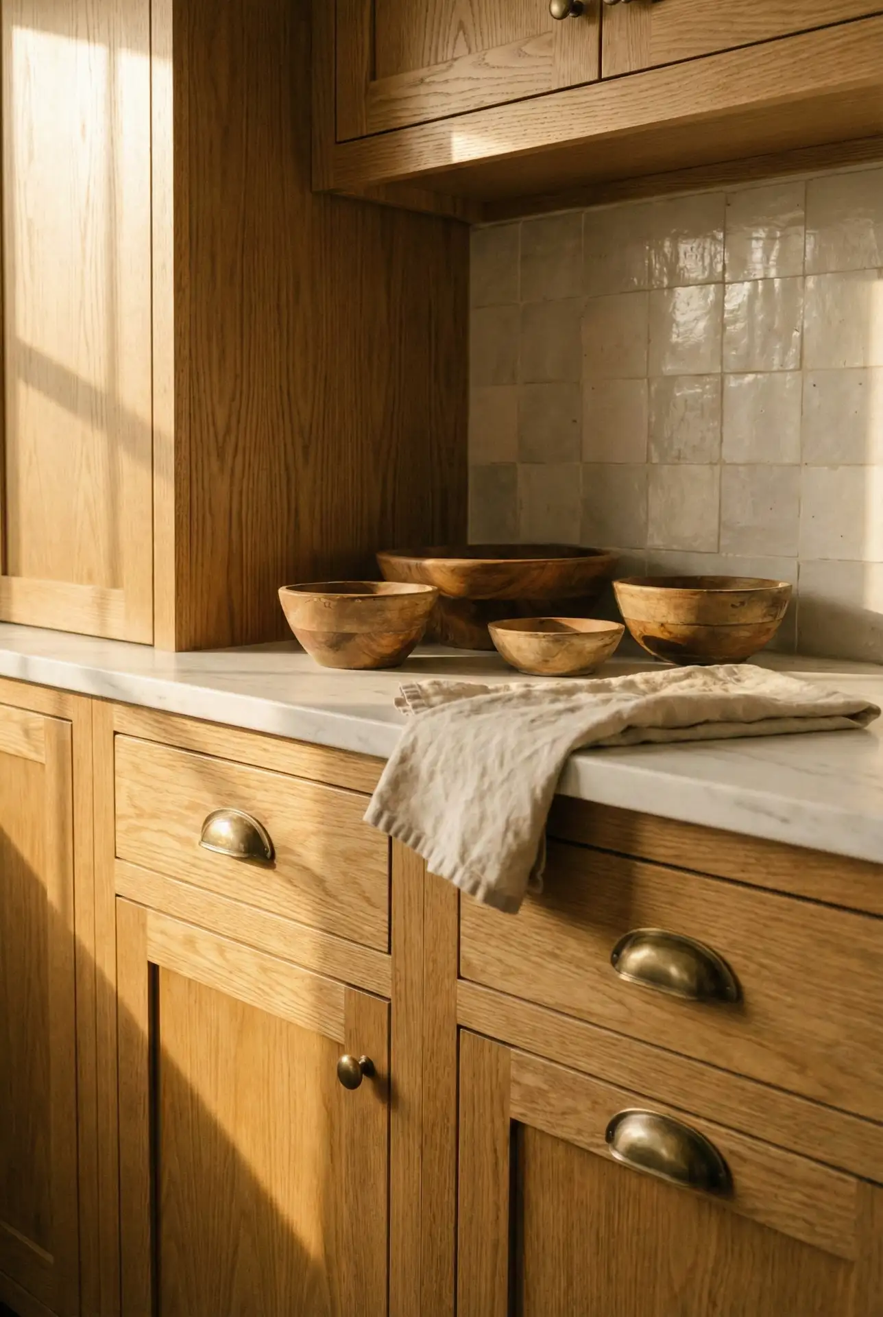 Oak Cabinets With Modern Neutral Walls And Light Stone 2