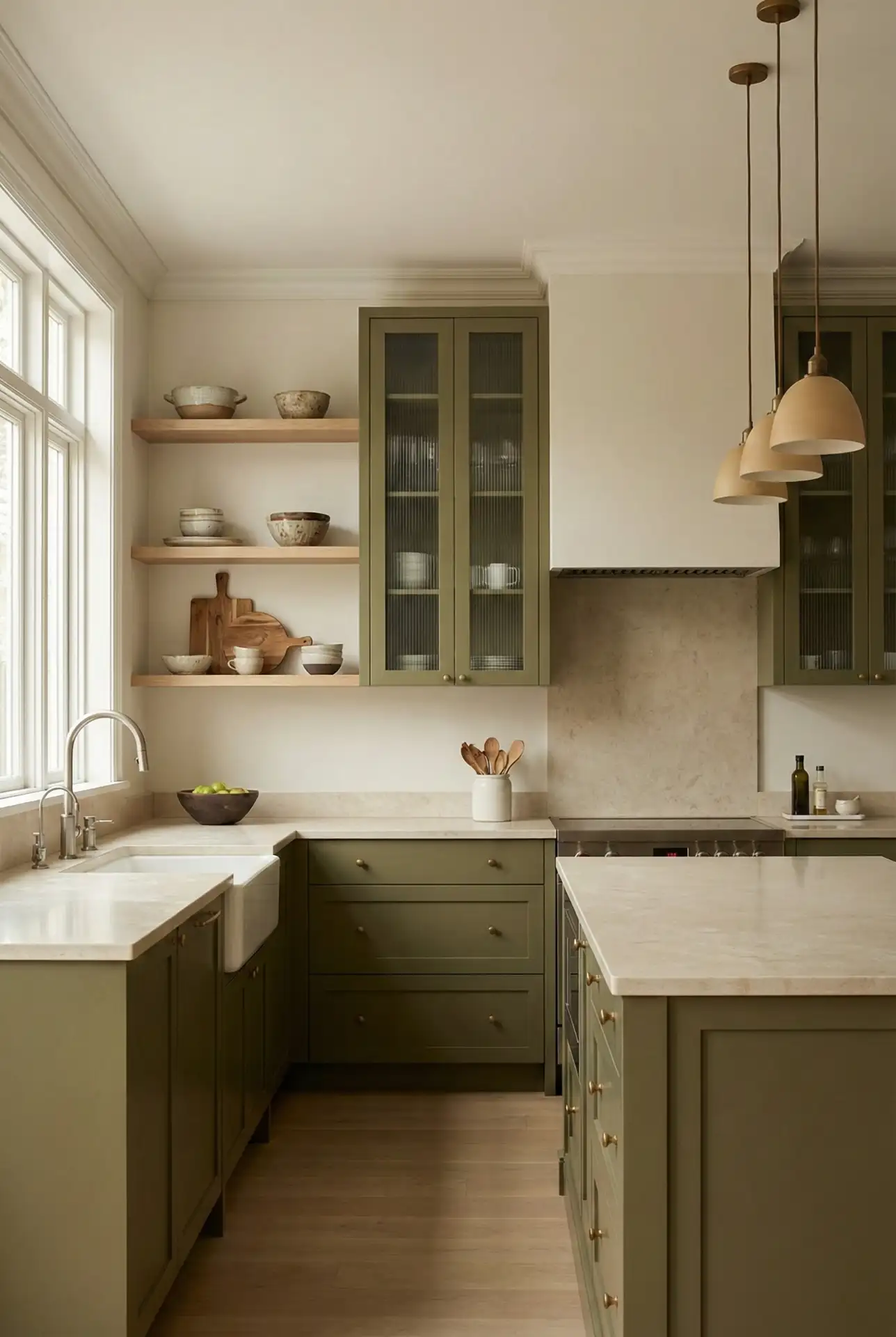 Olive Cabinets With Light Wood and Soft Luxury Details 1