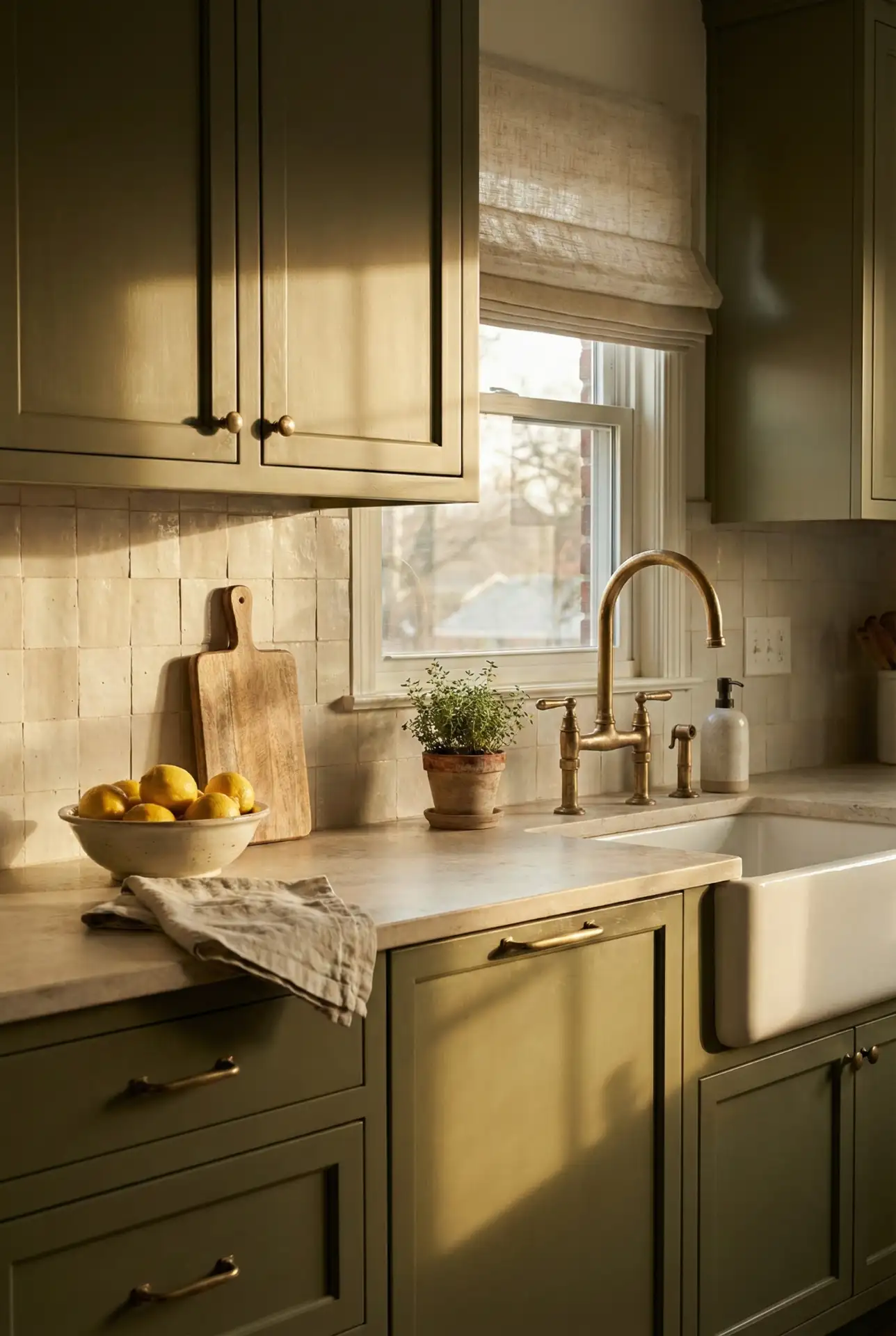 Olive Shaker Cabinets With Warm Brass 1