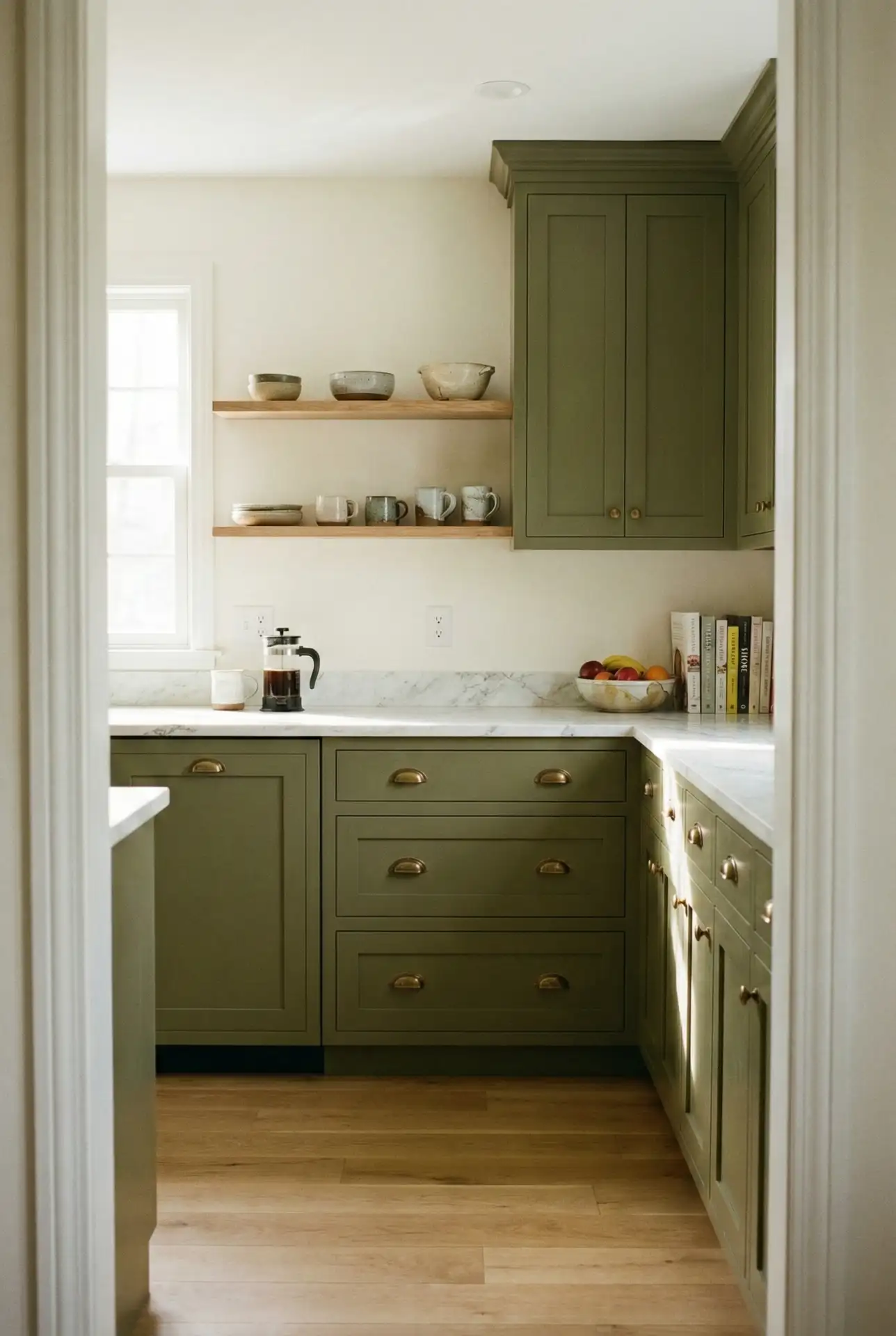 Olive Shaker Cabinets With Warm Brass 2