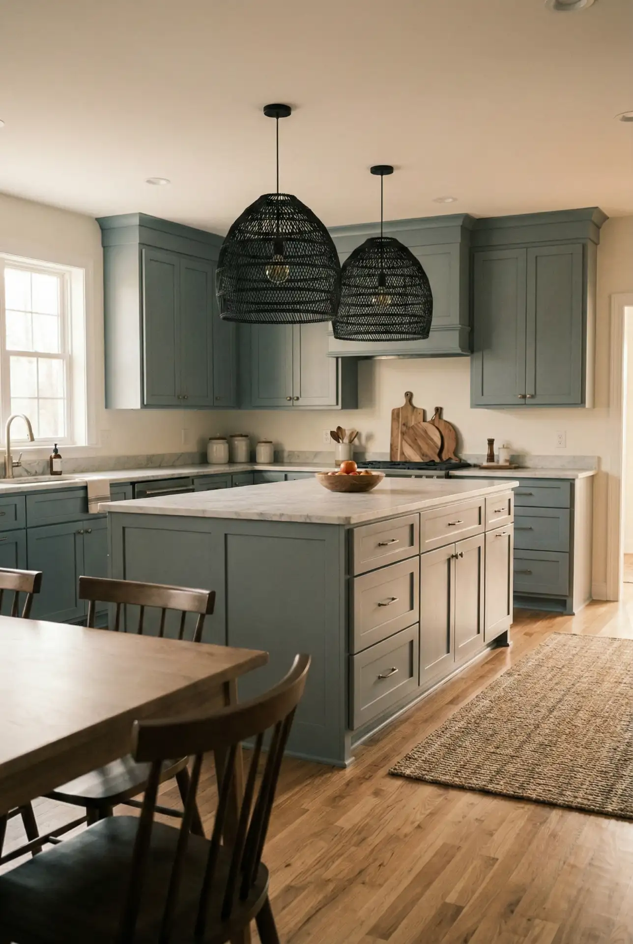 Painted Cabinets In Dusty Blue With Warm Neutral Walls 1